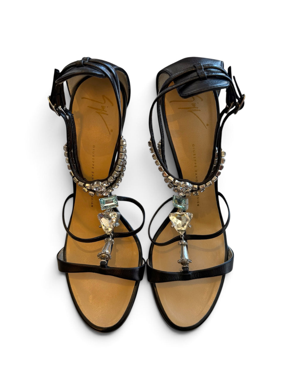 BLACK STRAPPY BLUE/SILVER RHINESTONE HEELS