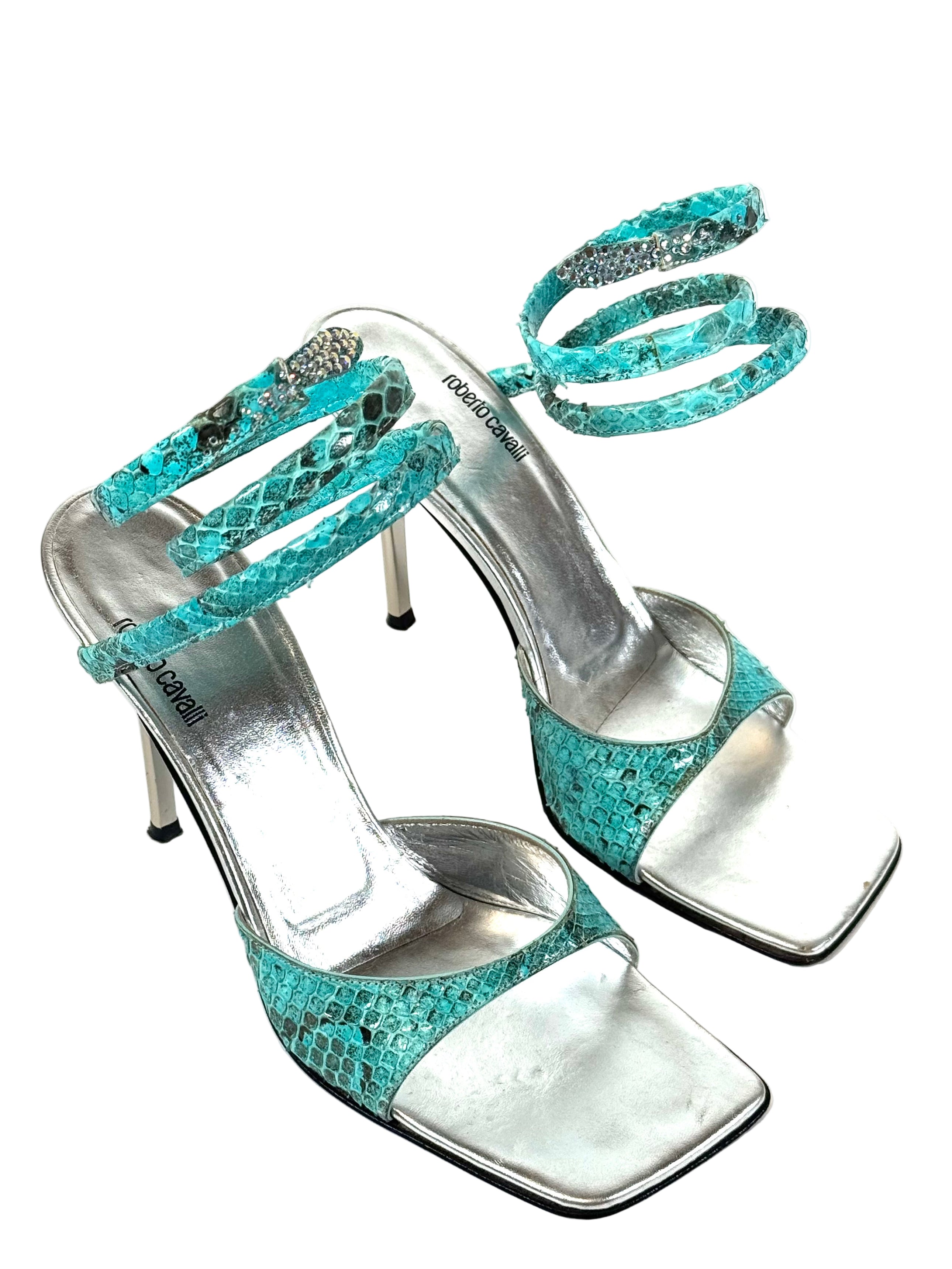 90S SNAKE SKIN TURQUOISE WRAP AROUND HEELS