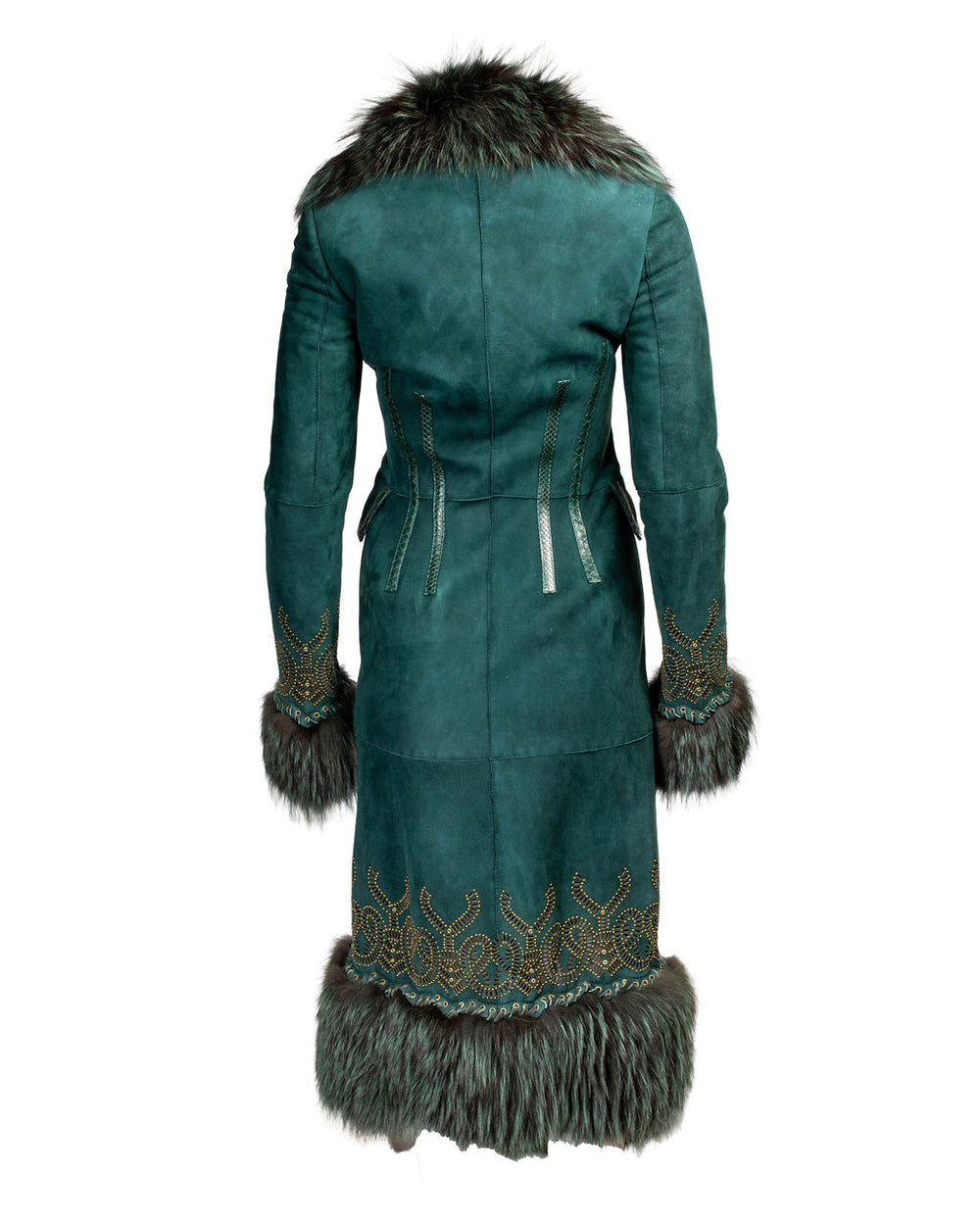 FW06 GREEN SUEDE & SILVER FOX FUR COAT@IRIK (r: $24K)