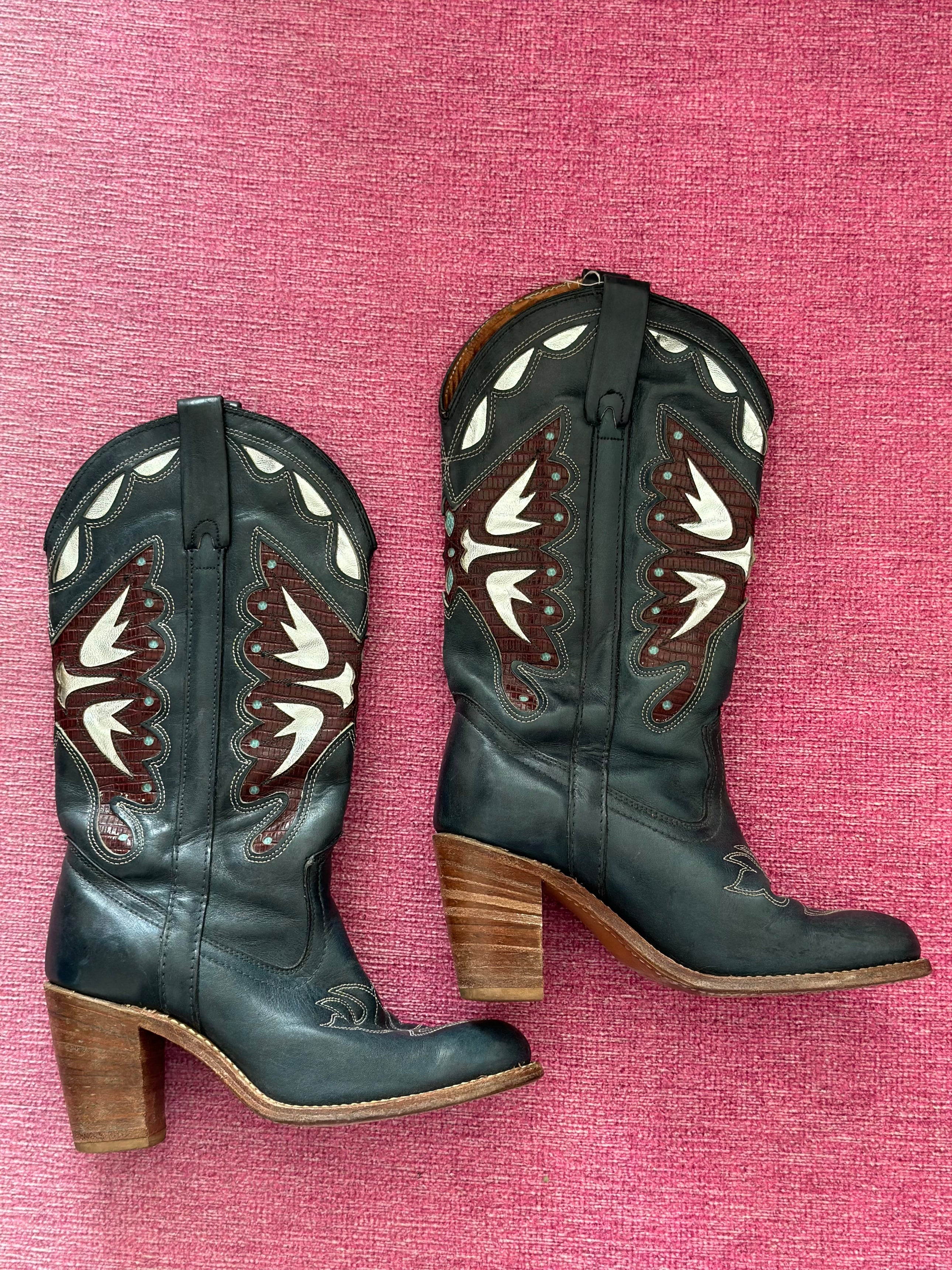 BLUE LEATHER BUTTERFLY COWGIRL BOOTS