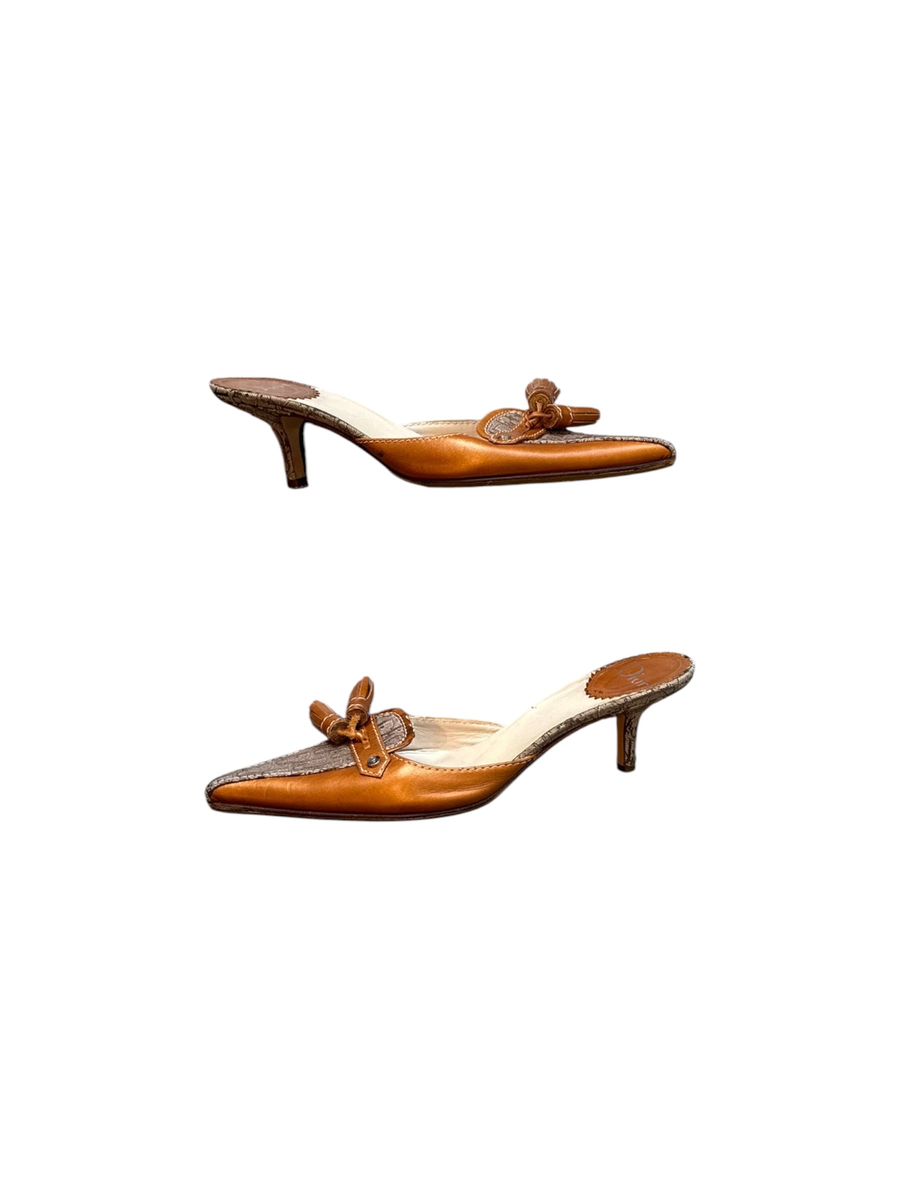CAMEL BROWN MONOGRAM TASSEL MULES @FAR