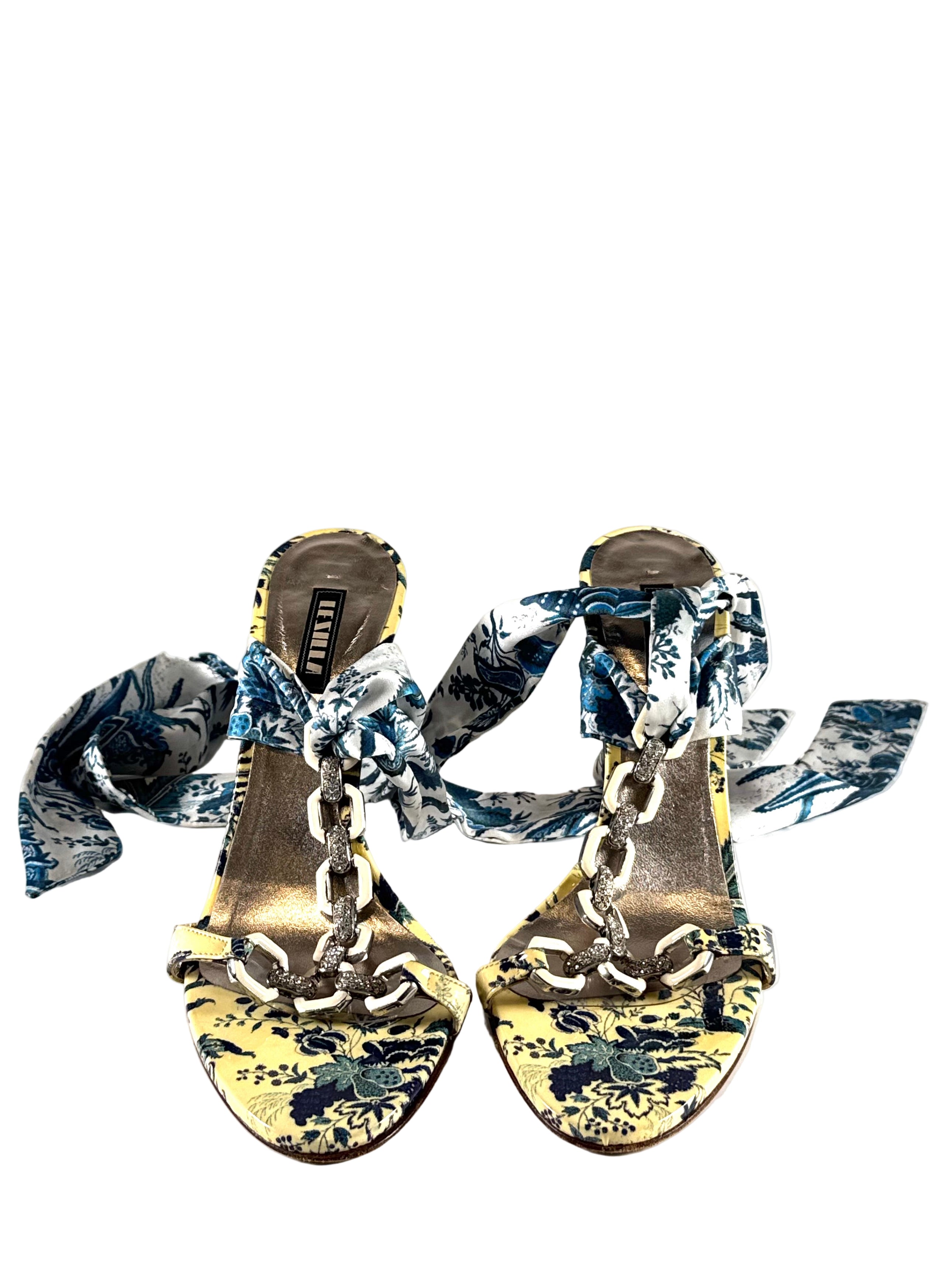 YELLOW & BLUE FLORAL STONED WRAP HEELS @JKOVA