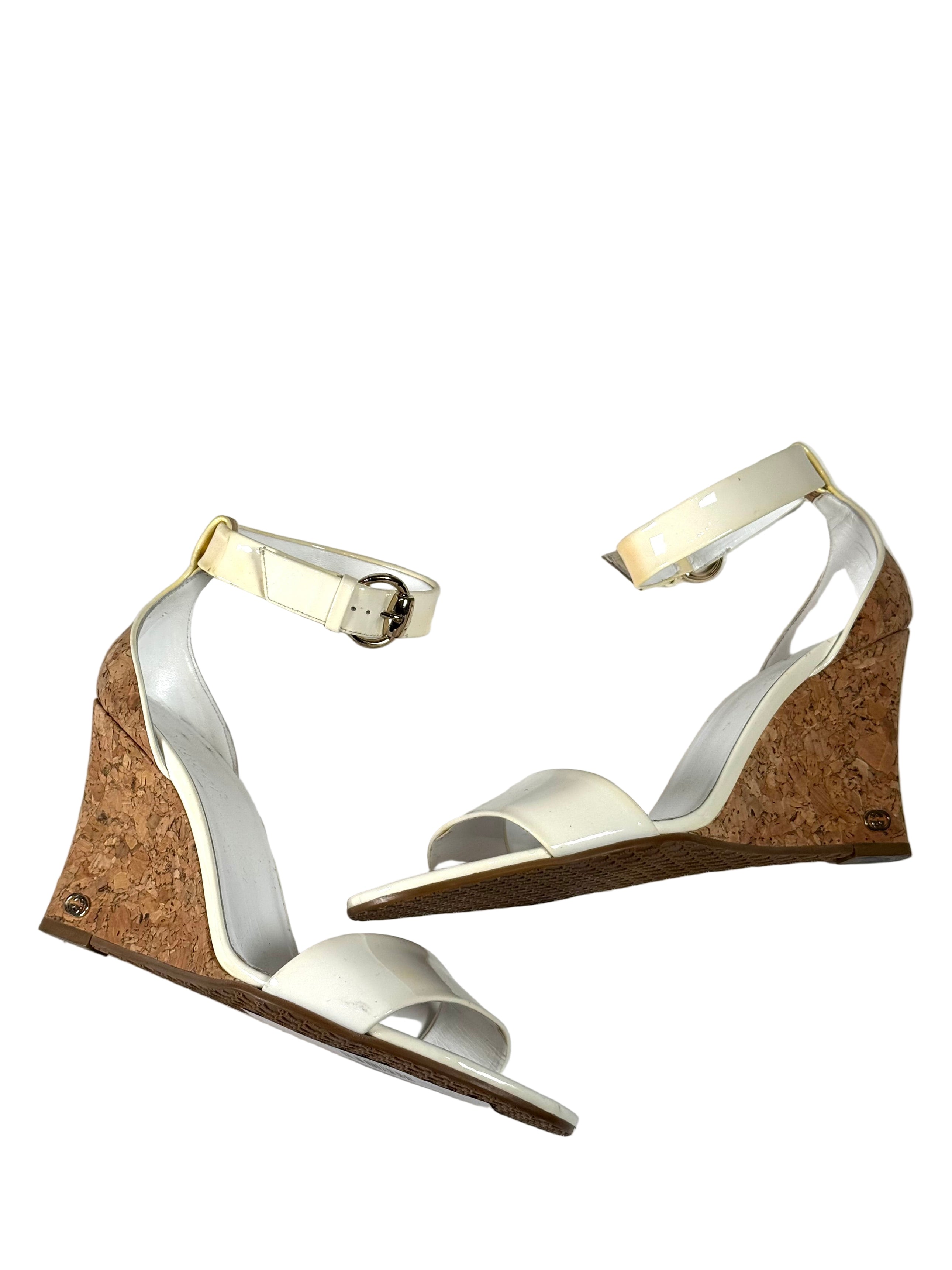 WHITE PATENT LEATHER CORK WEDGE HEELS (AS IS) @NICOZ