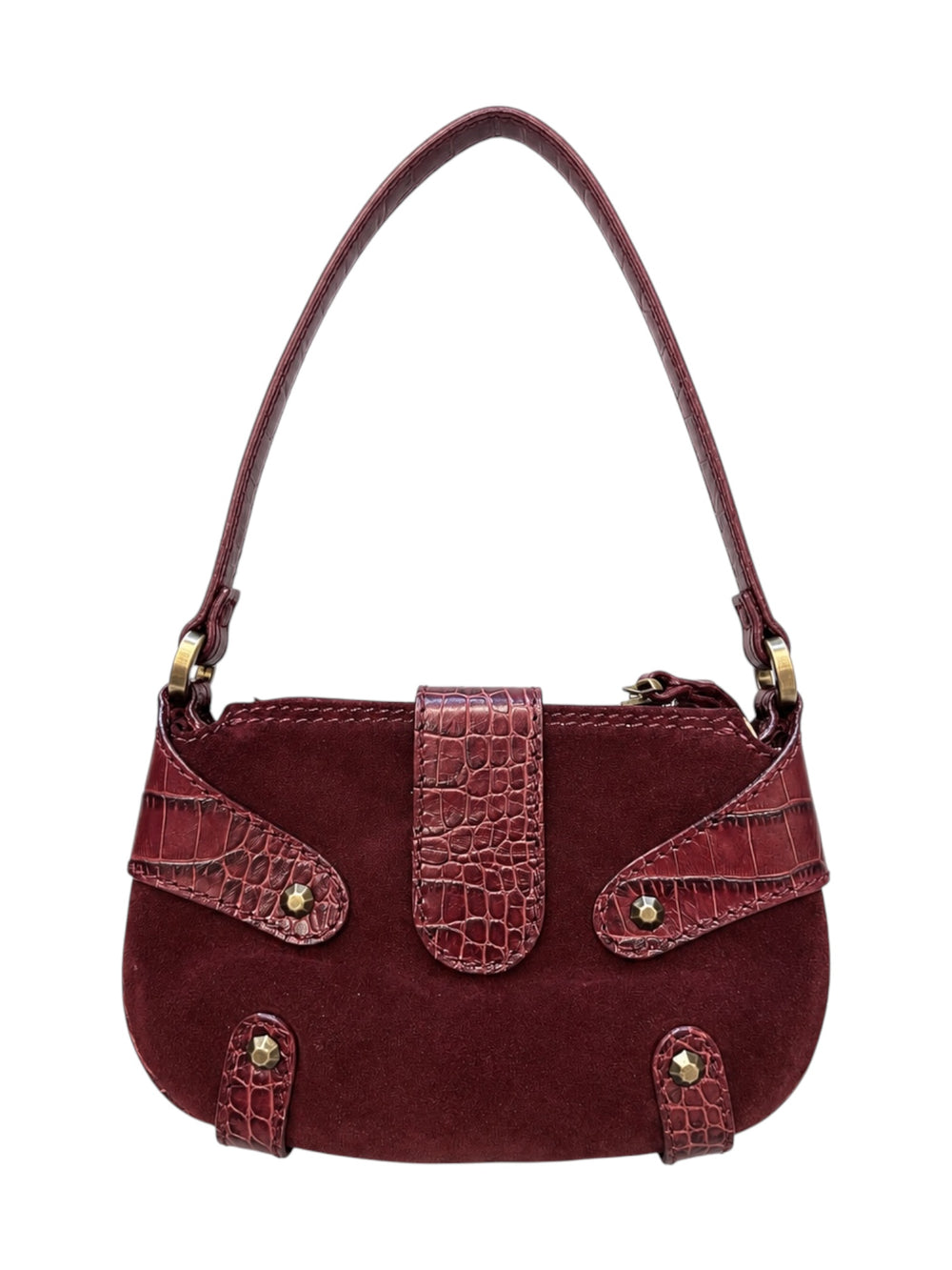 BURGUNDY SUEDE AND CROC EMBOSSED MINI SHOULDER BAG