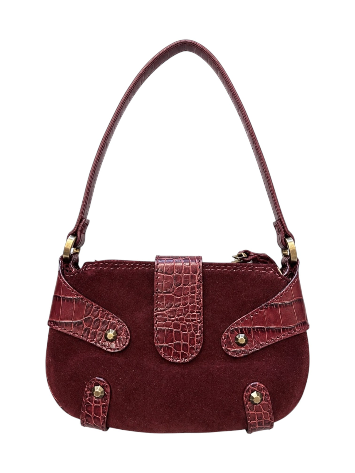 BURGUNDY SUEDE AND CROC EMBOSSED MINI SHOULDER BAG