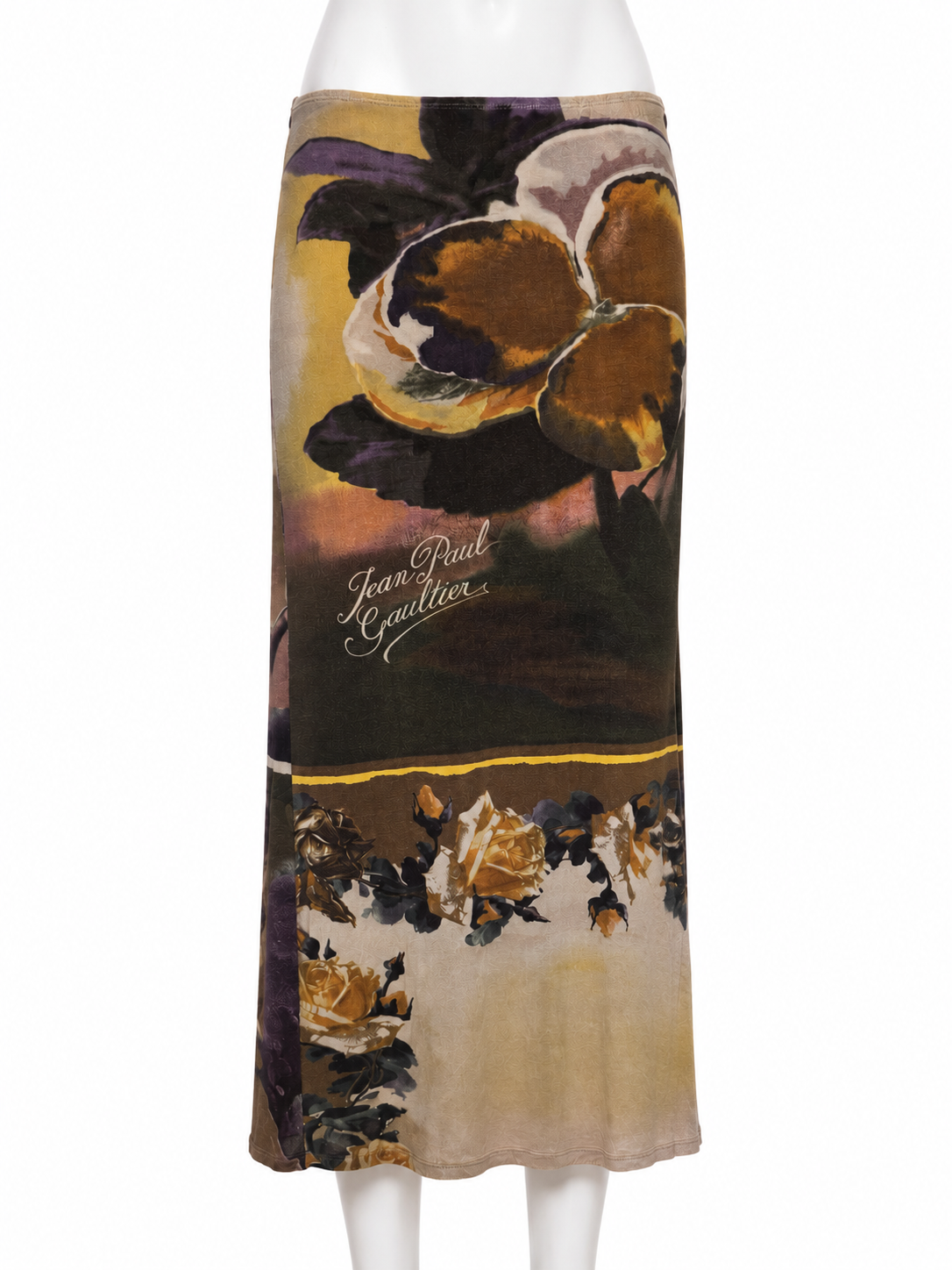 90S BROWN TONE FLORAL COTTON STRETCHY MAXI SKIRT