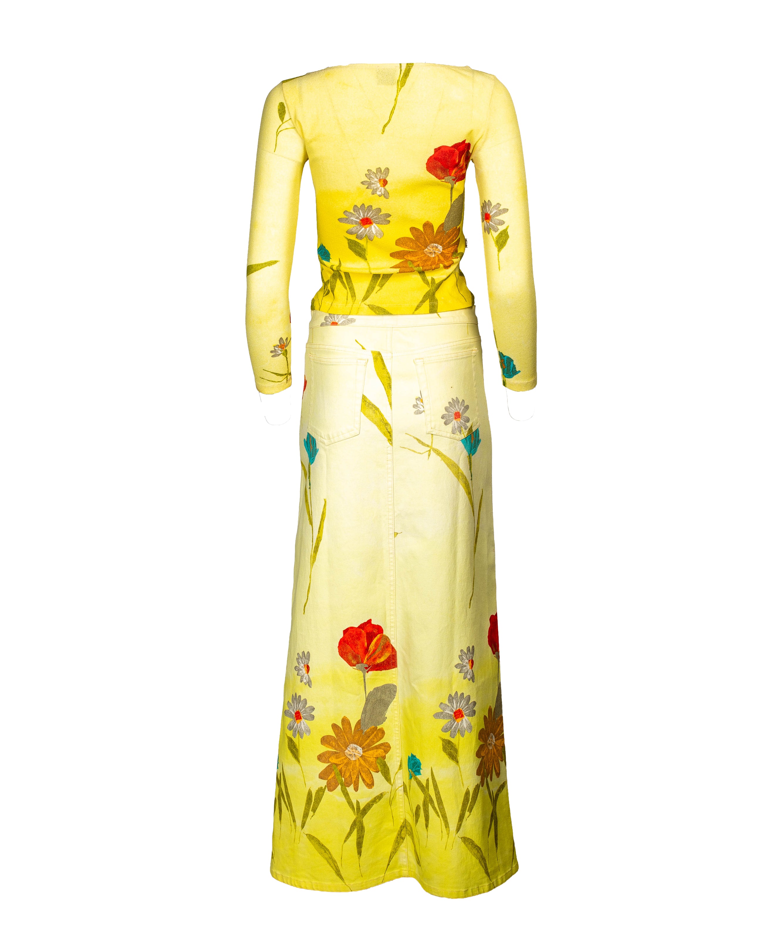 90S YELLOW FLORAL MAXI SKIRT & LONG SLEEVE SET