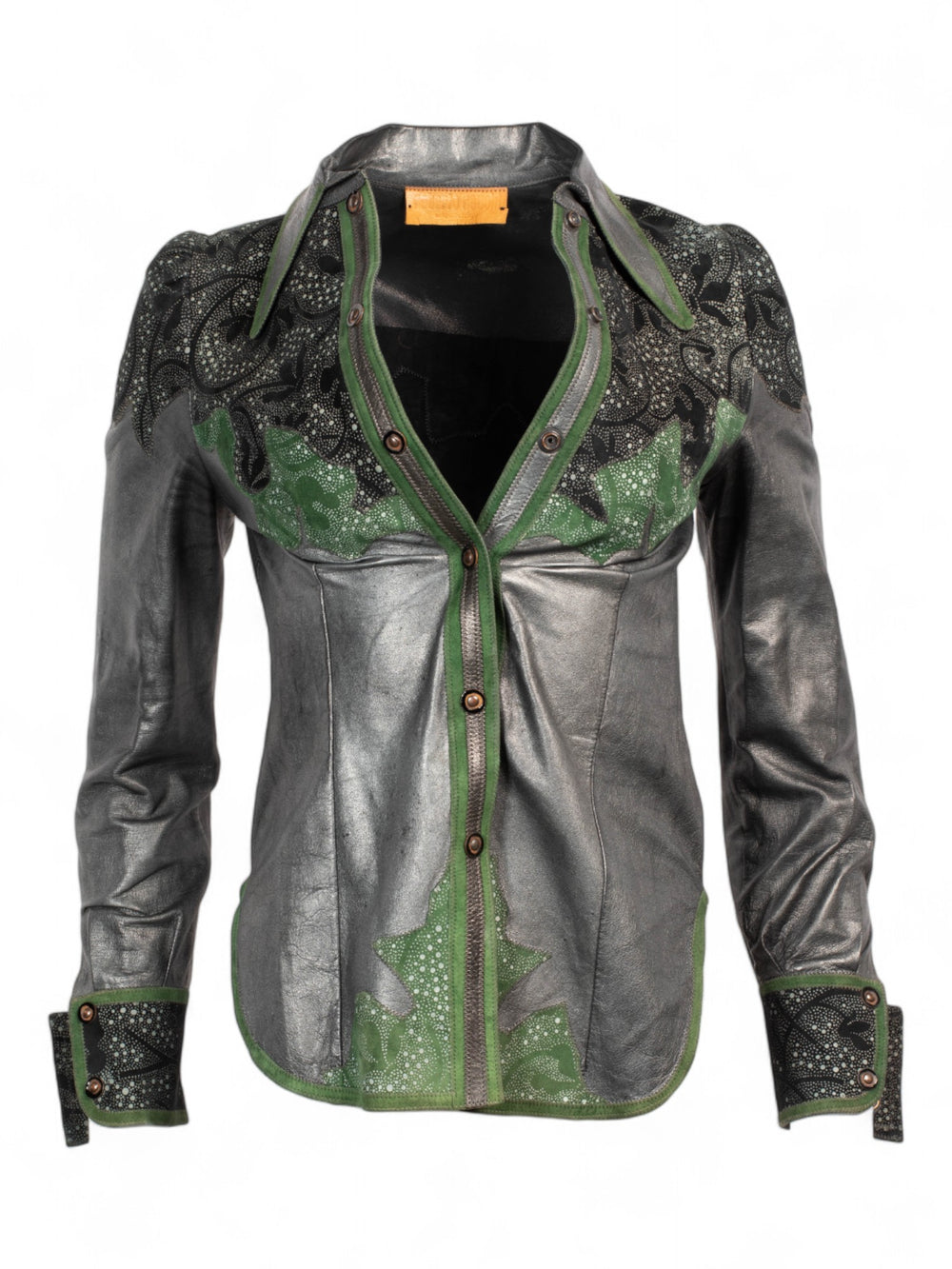 70S GREY/GREEN LEATHER BUTTON DOWN W SUEDE APPLIQUÉ