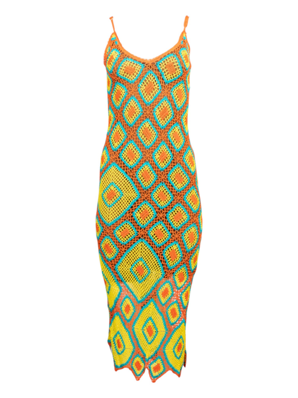 ORANGE/YELLOW/BLUE CROCHET MAXI DRESS