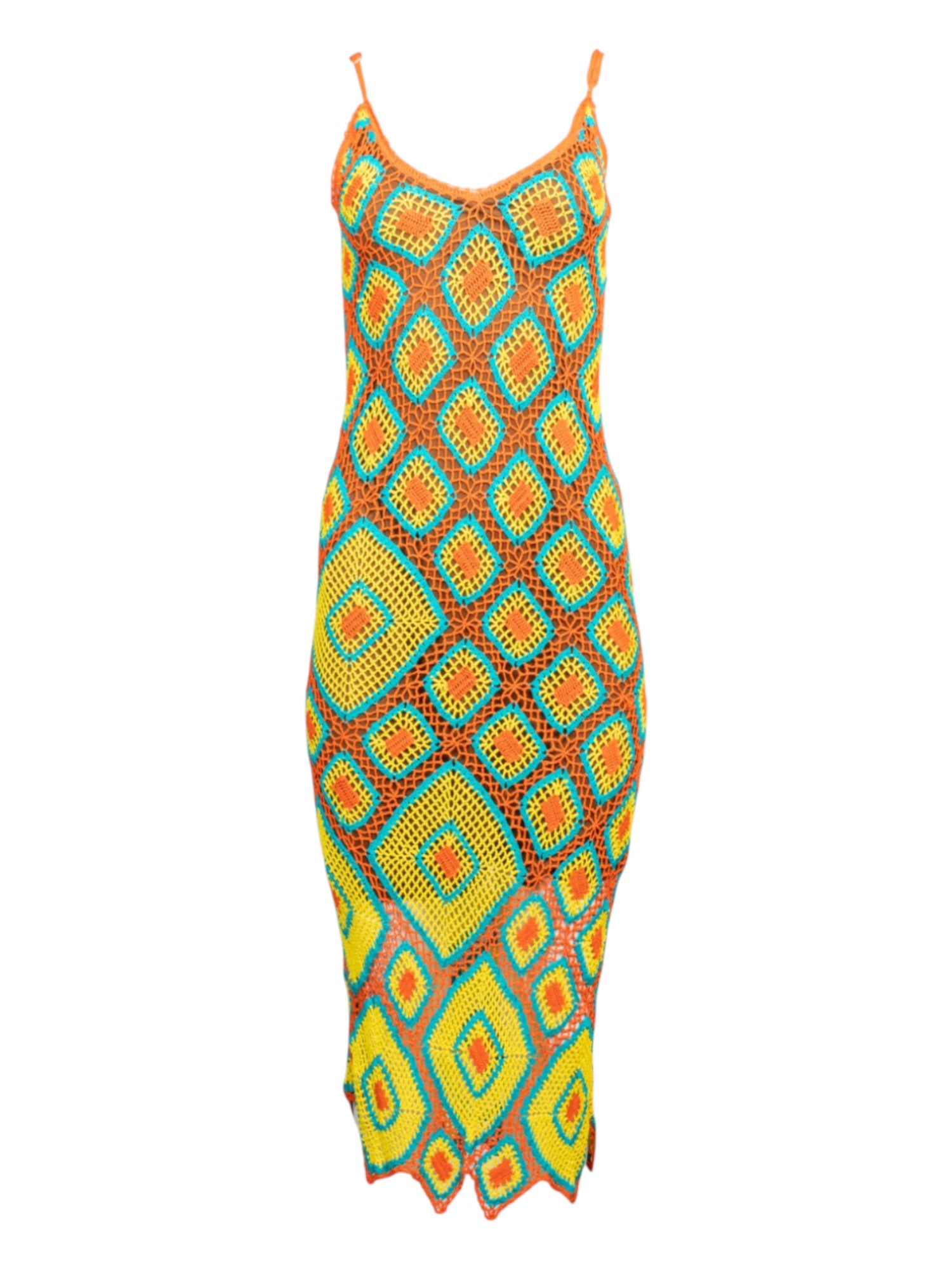 ORANGE/YELLOW/BLUE CROCHET MAXI DRESS