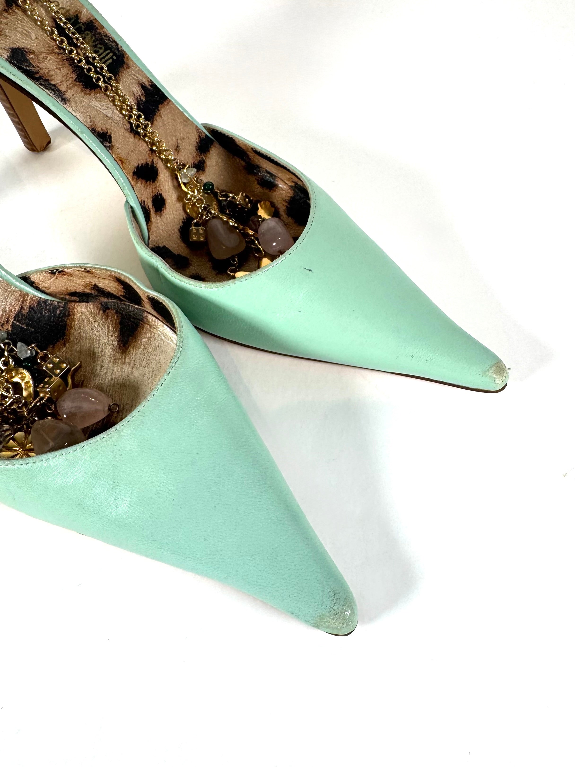 TURQUOISE LEATHER MULES W/ CHARM ANKLE STRAPS