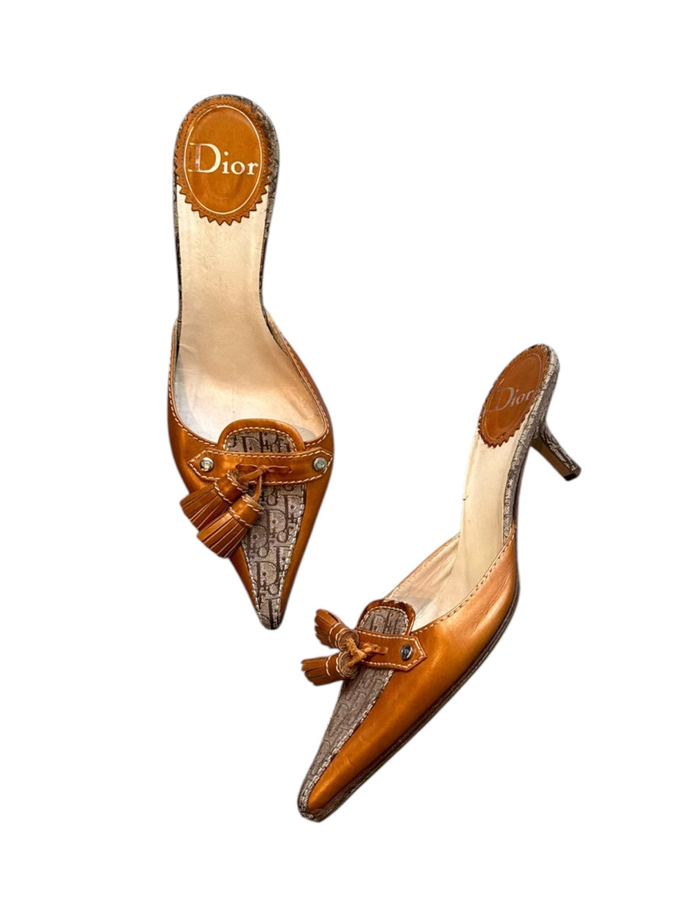 CAMEL BROWN MONOGRAM TASSEL MULES @FAR