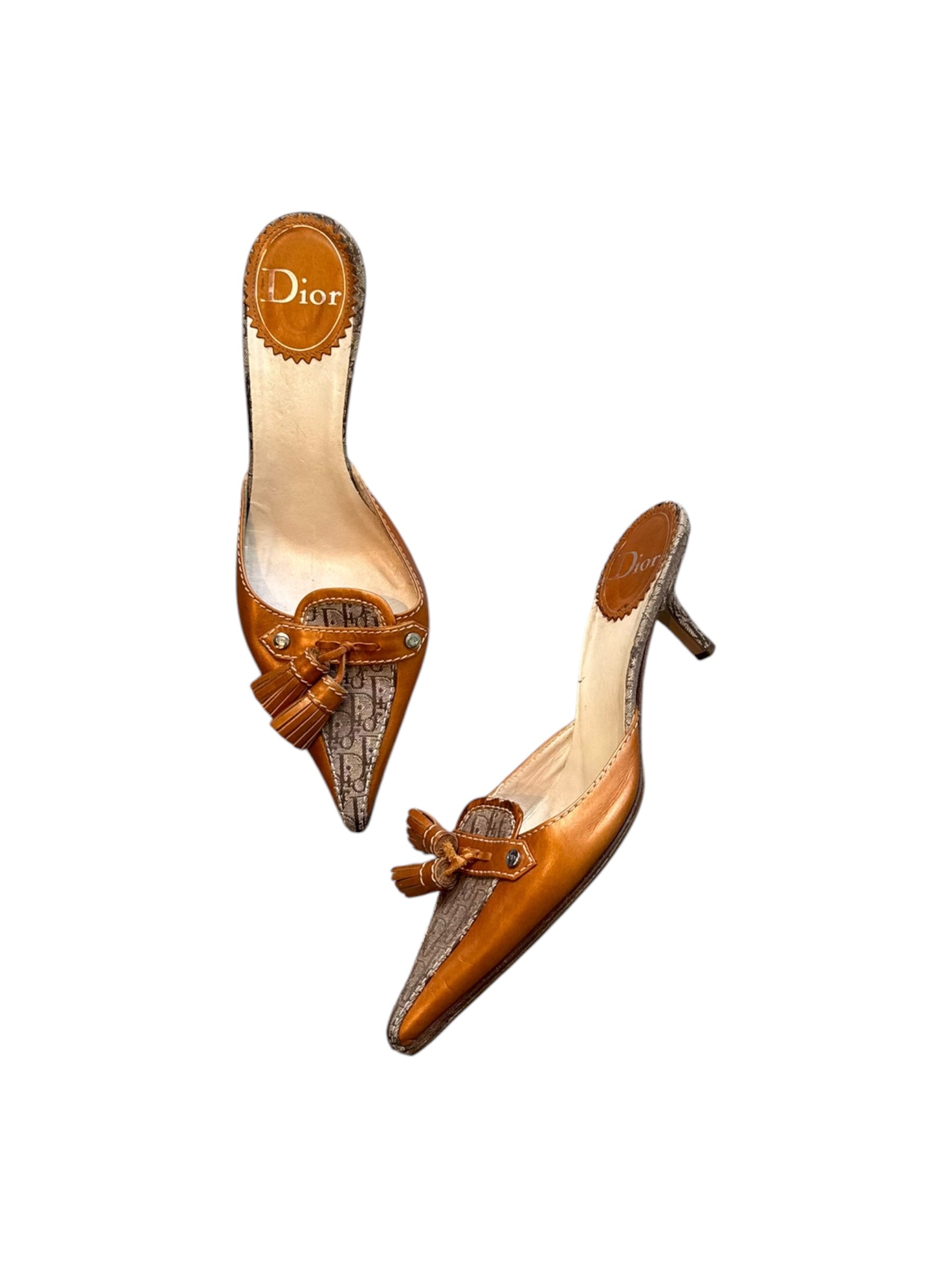 CAMEL BROWN MONOGRAM TASSEL MULES @FAR