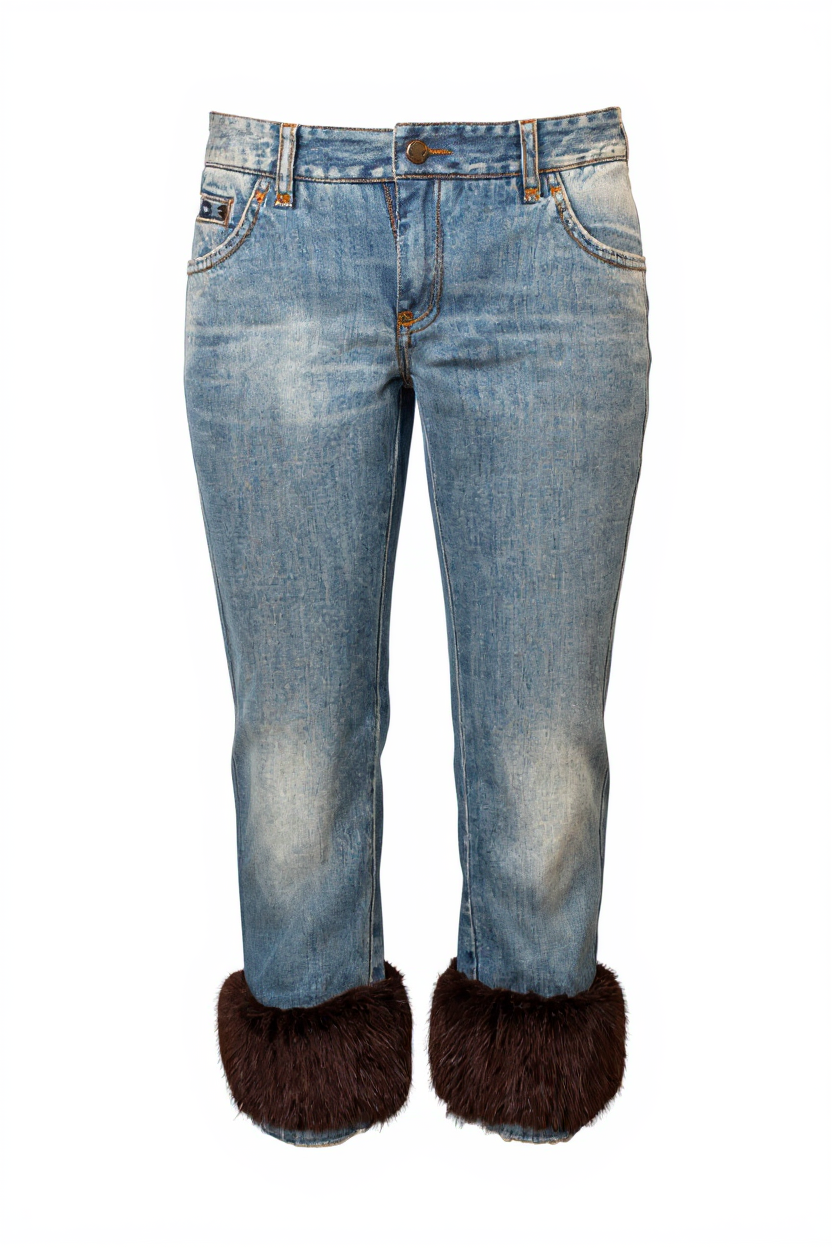 DISTRESSED DENIM CAPRIS W FUR TRIM