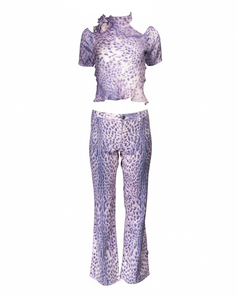 SS00 PURPLE CHEETAH SILK TOP/JEANS SET (AS IS)