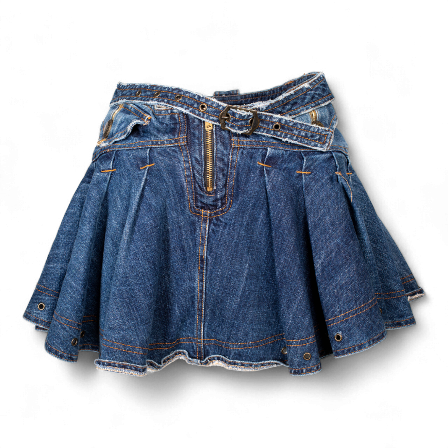 DENIM BELTED GROMMET MINI SKIRT