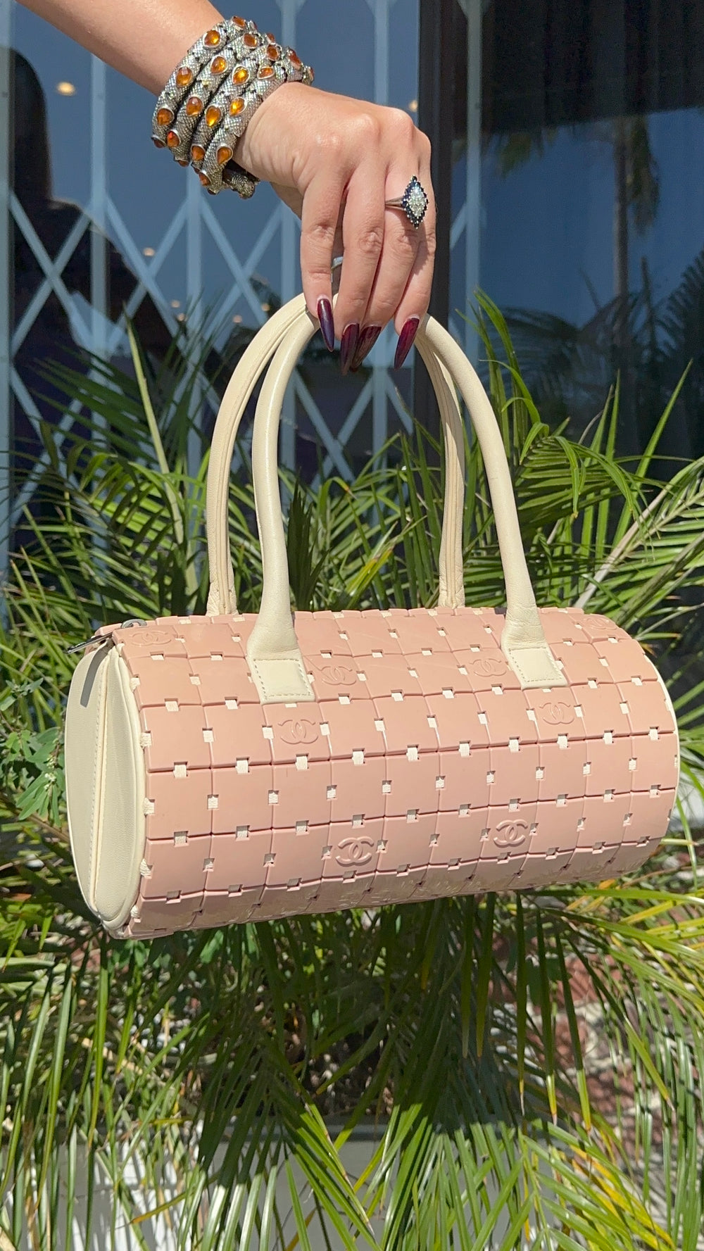 PINK LUCITE PUZZLE MINI BARREL BAG