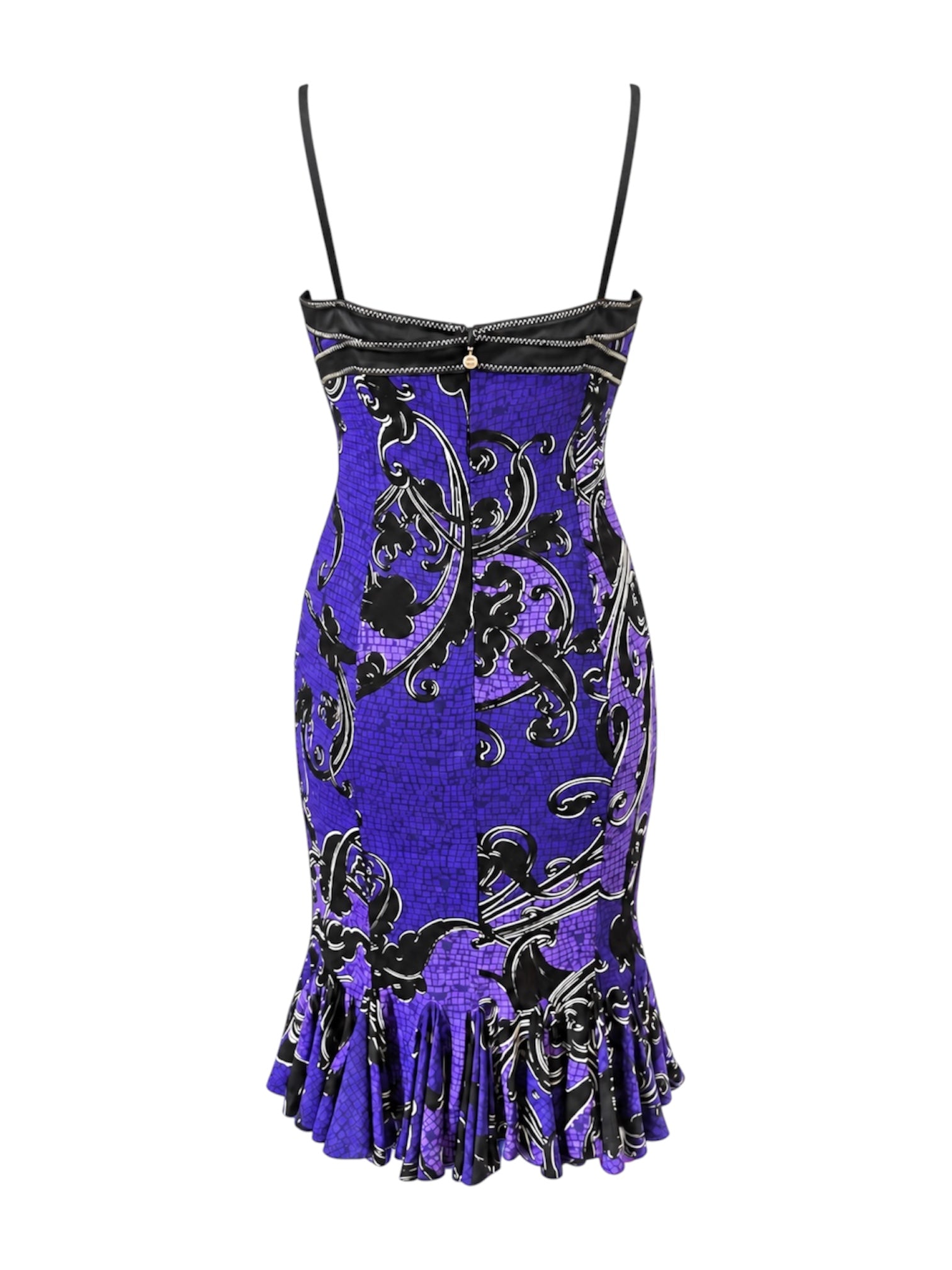 PURPLE & BLACK ORNATE MIDI DRESS W RUFFLE HEM @SM