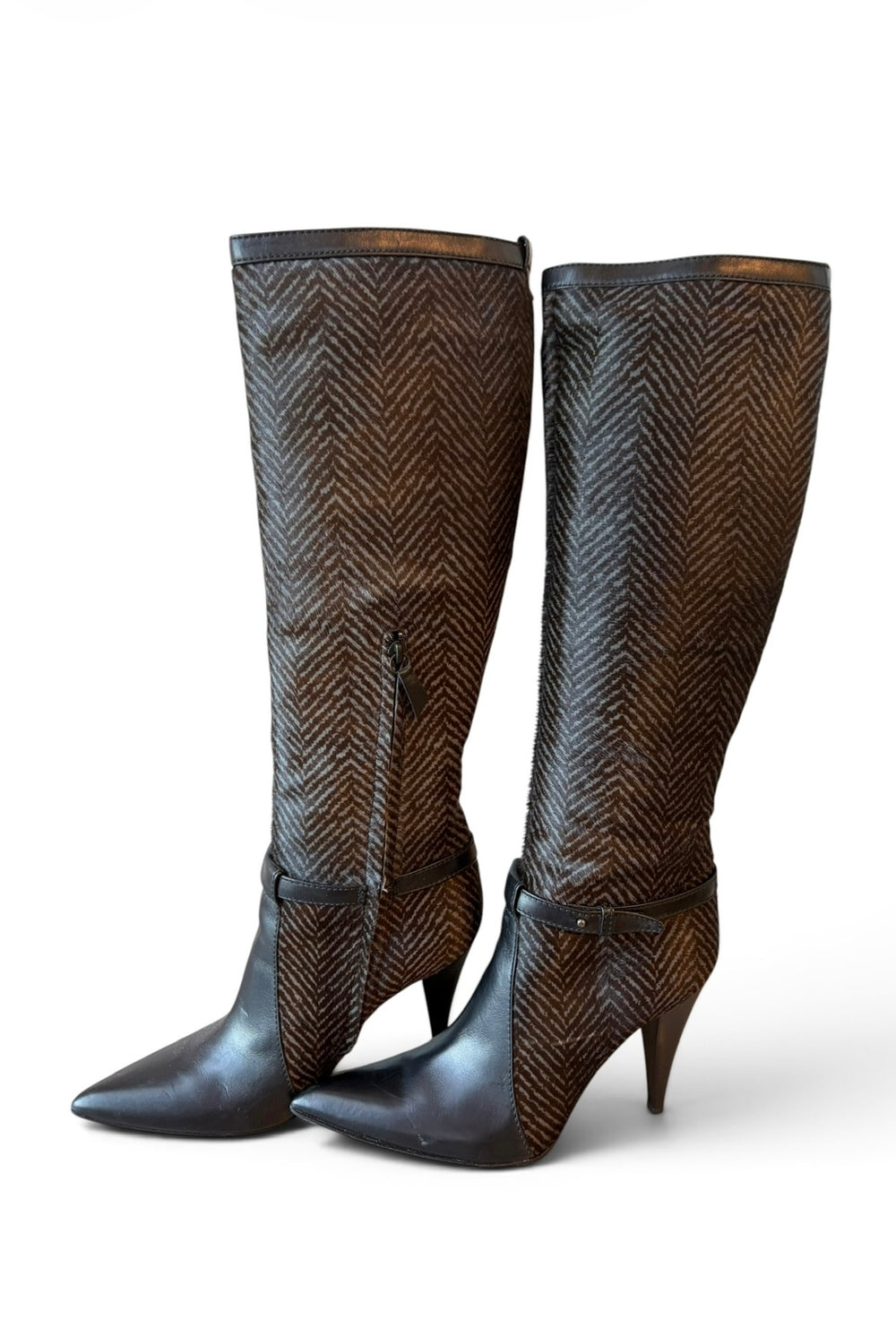 CHEVRON PONY HAIR & LEATHER KNEE HIGH BOOTS @IRIK