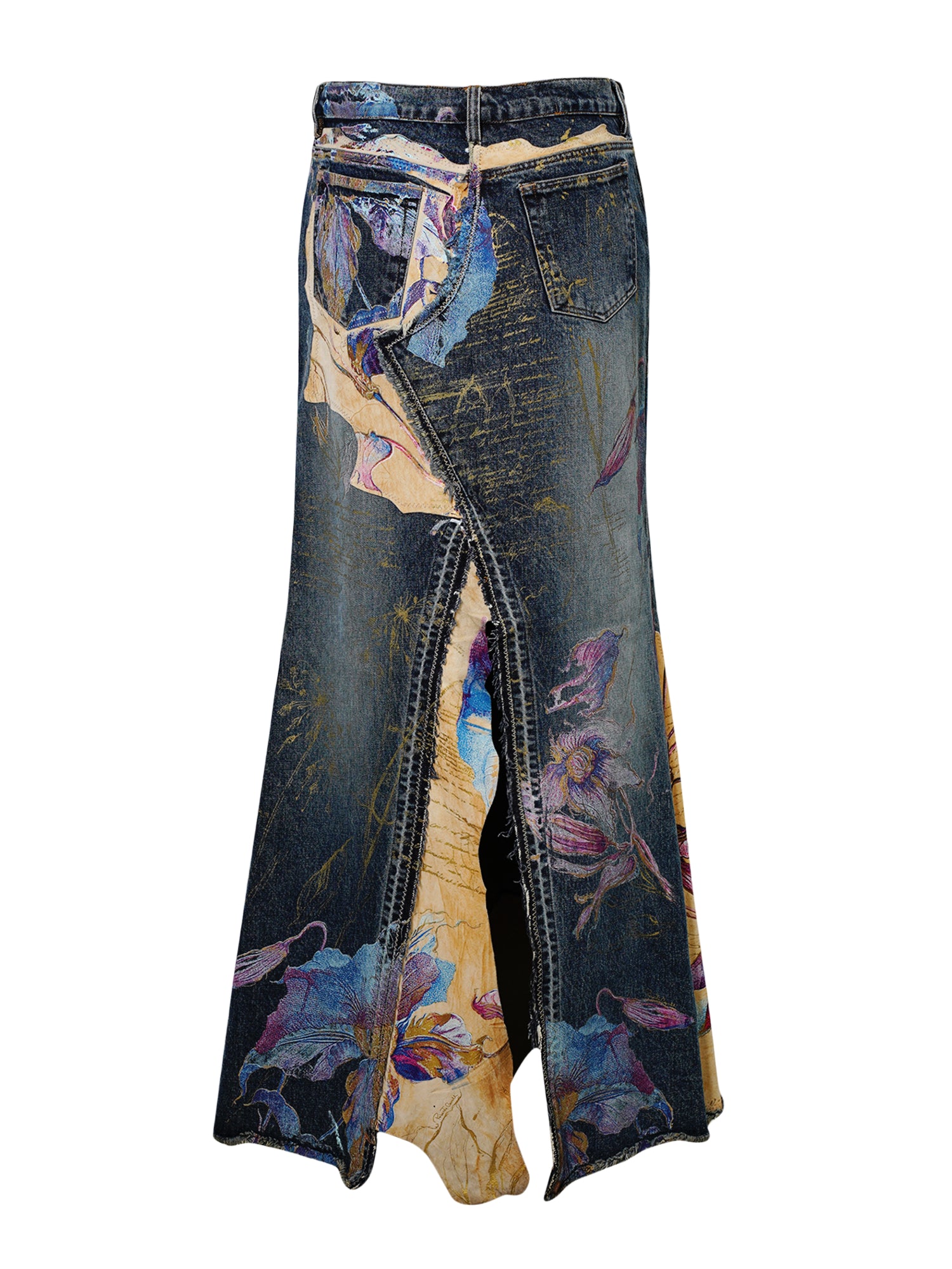RARE 2003 HAND PAINTED LEATHER & DENIM MAXI SKIRT