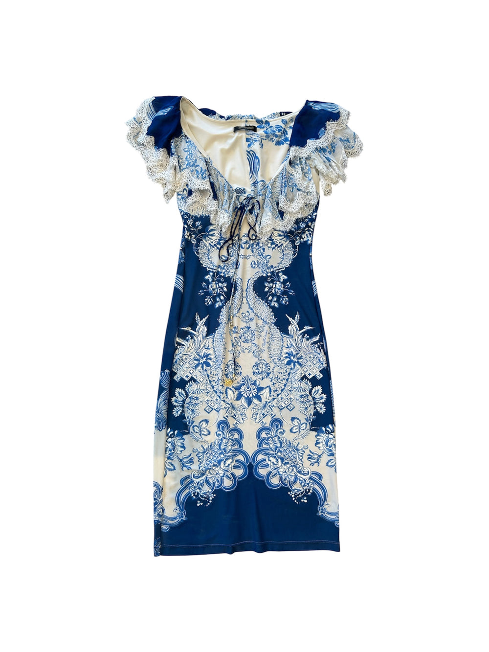 IVORY & BLUE PORCELAIN PRINTED OFF THE SHOULDER DRESS