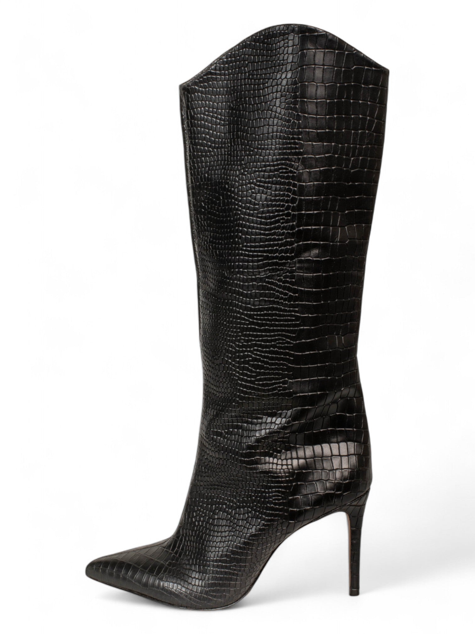 CROC EMBOSSED BLACK KNEE HIGH BOOTS