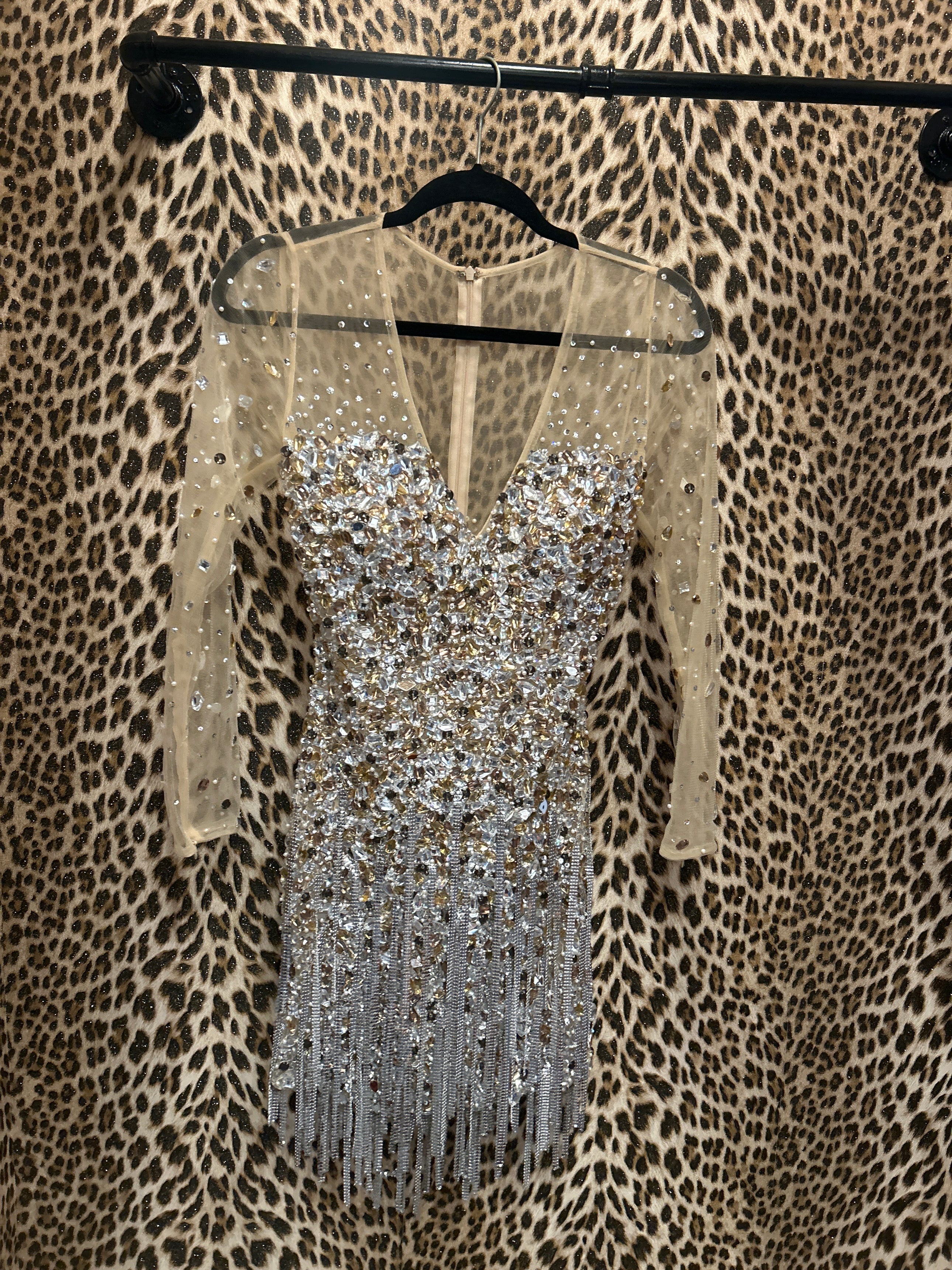GEMSTONE NUDE MESH LONG SLEEVE MINI DRESS @JKOVA