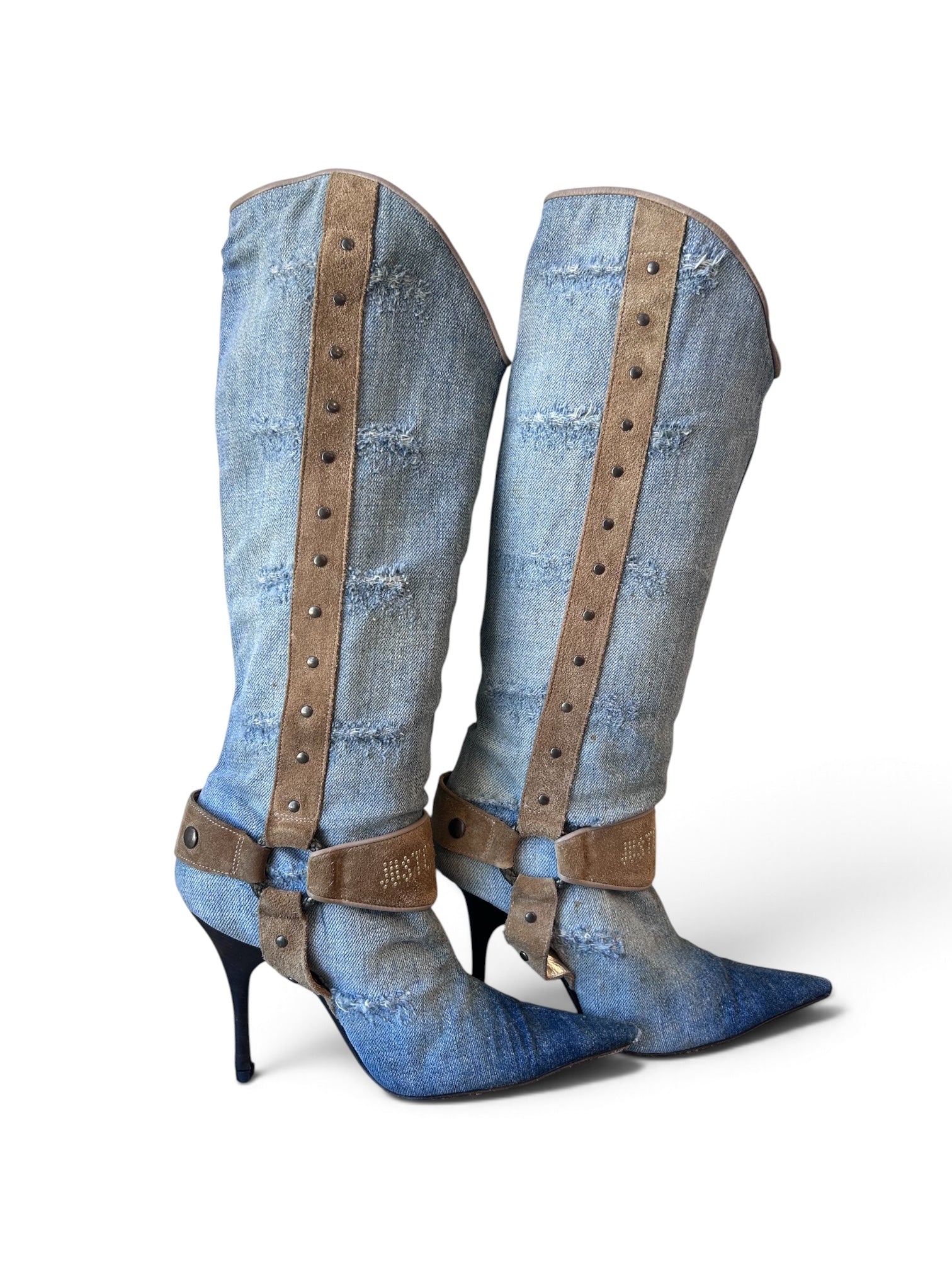 DENIM & SUEDE KNEE HIGH COWBOY BOOTS (AS IS) @CPARA
