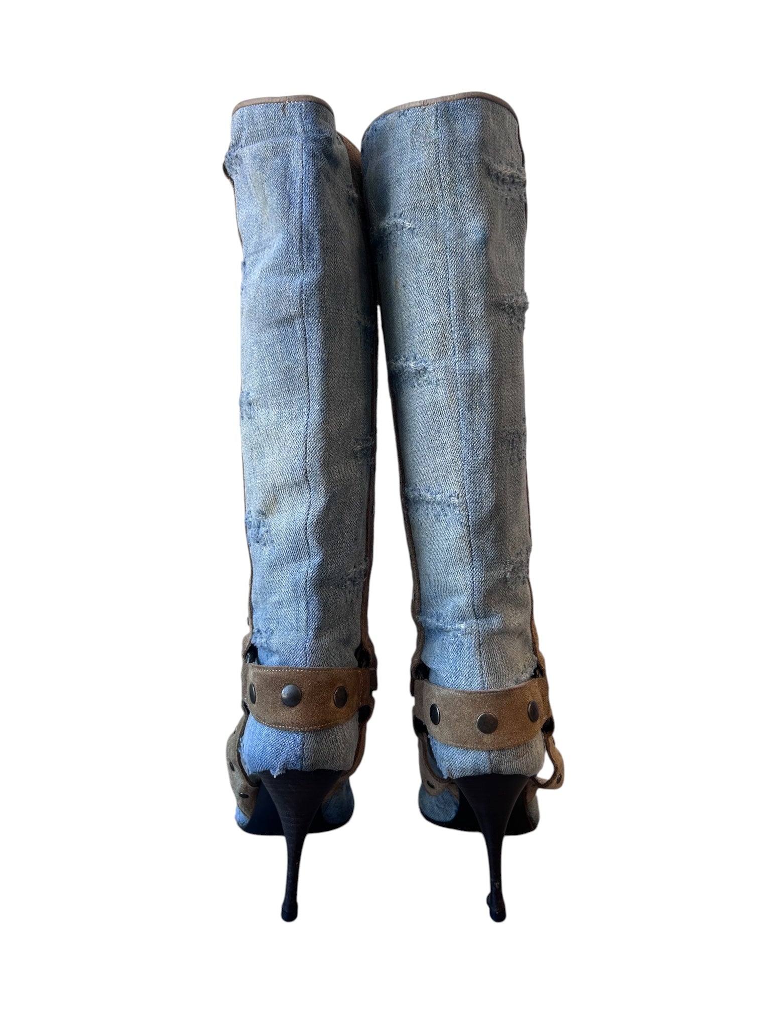 DENIM & SUEDE KNEE HIGH COWBOY BOOTS (AS IS) @CPARA