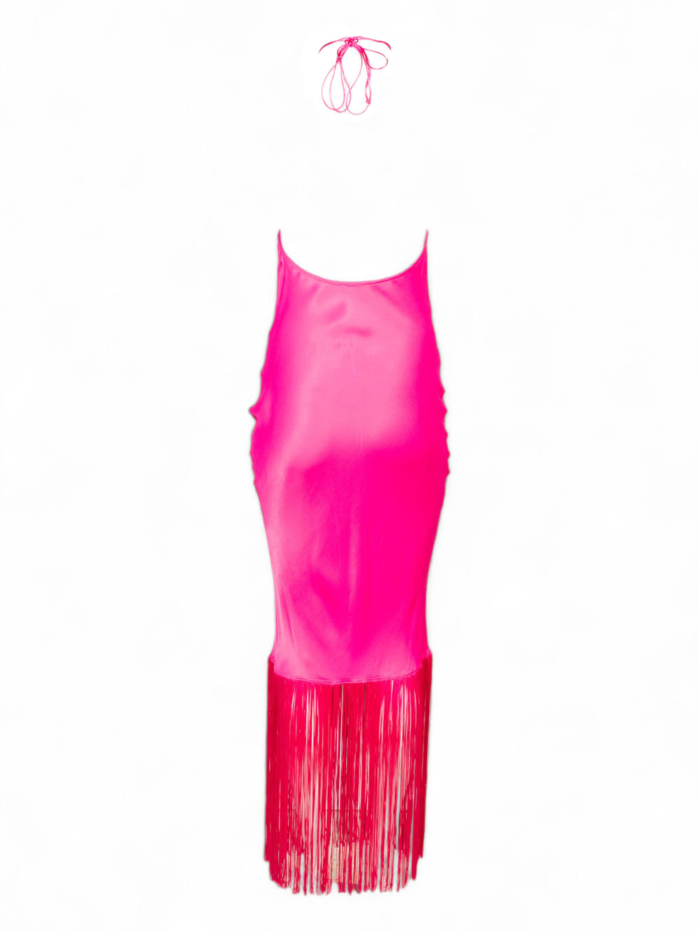 HOT PINK HALTER DRESS W FRINGE