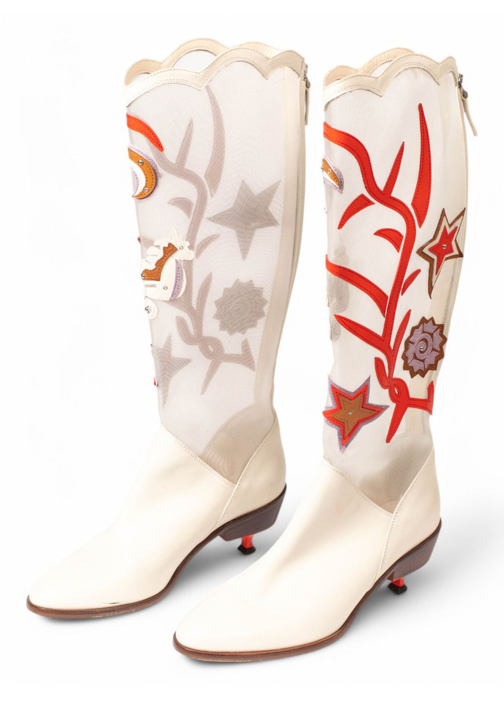 WHITE BOOTS WITH MESH PANEL AND LEATHER APPLIQUE