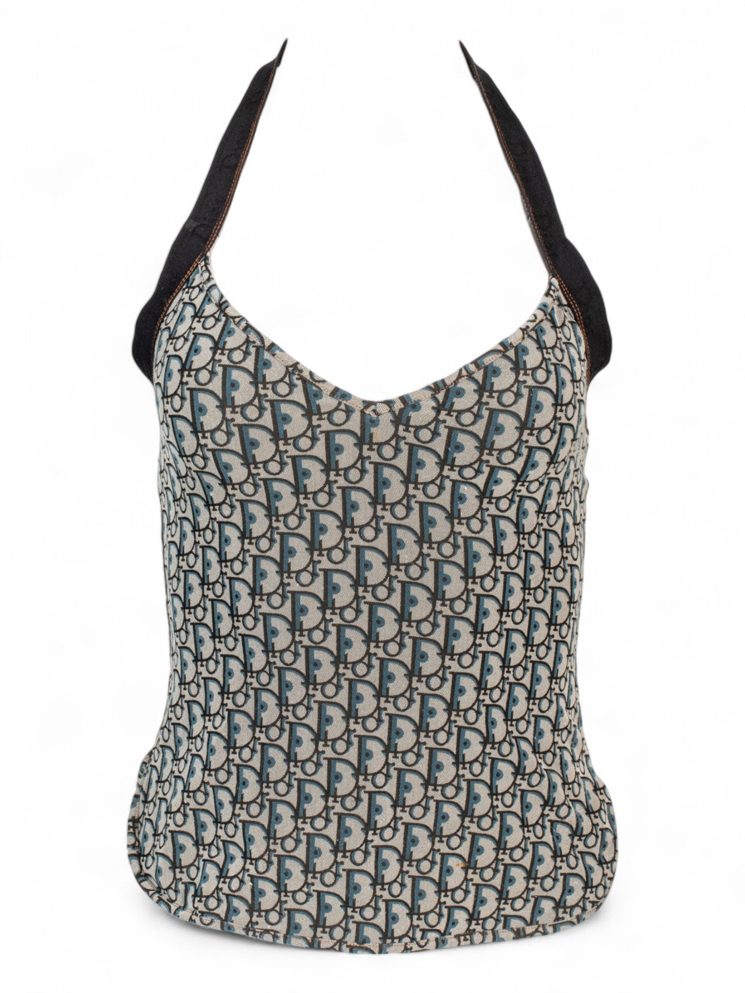 GALLIANO ERA NAVY TROTTER MONOGRAM PRINT HALTER TOP