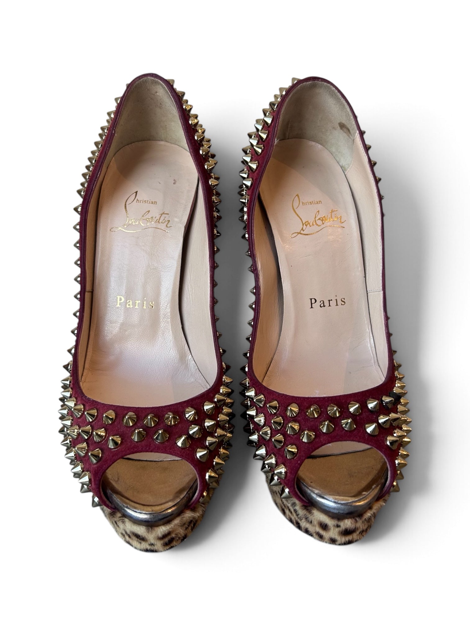 RED AND CHEETAH CALF HAIR SPIKED PUMPS @SM