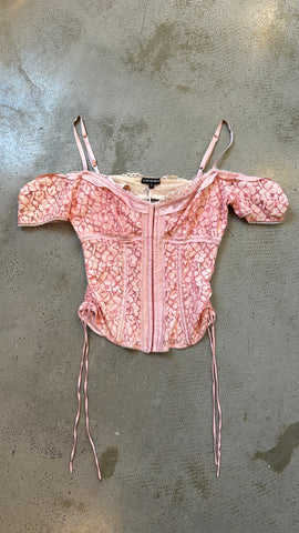 00S BABY PINK LACE OFF THE SHOULDER CORSET TOP