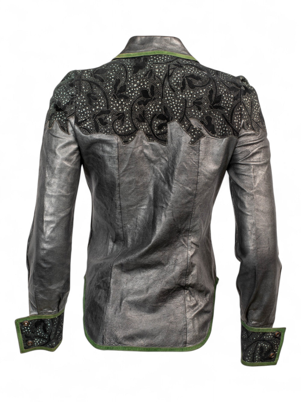 70S GREY/GREEN LEATHER BUTTON DOWN W SUEDE APPLIQUÉ