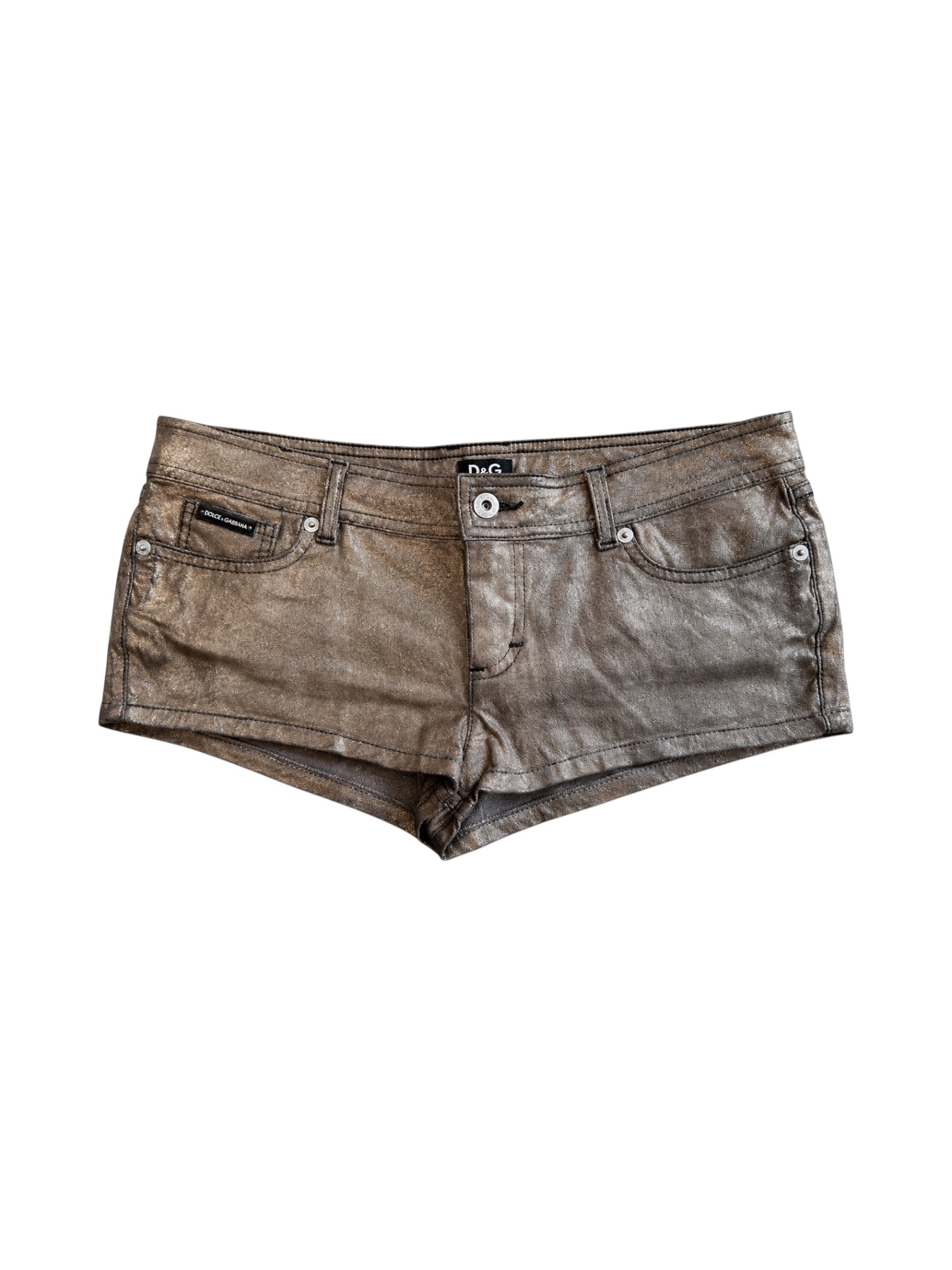 BRONZE METALLIC LOW RISE MINI SHORTS W/ LOGO PLATE