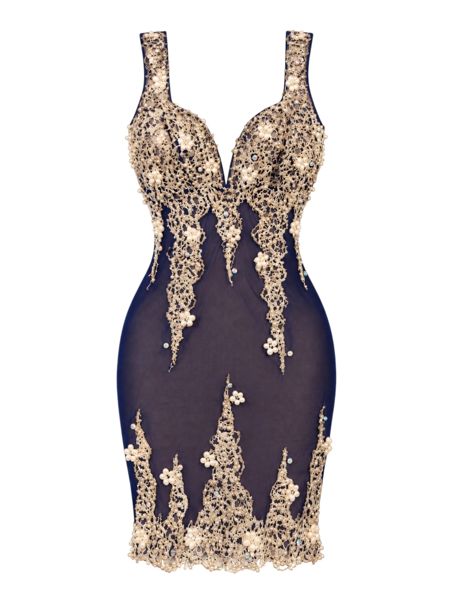 NAVY & GOLD MESH HANDPAINTED MINI DRESS