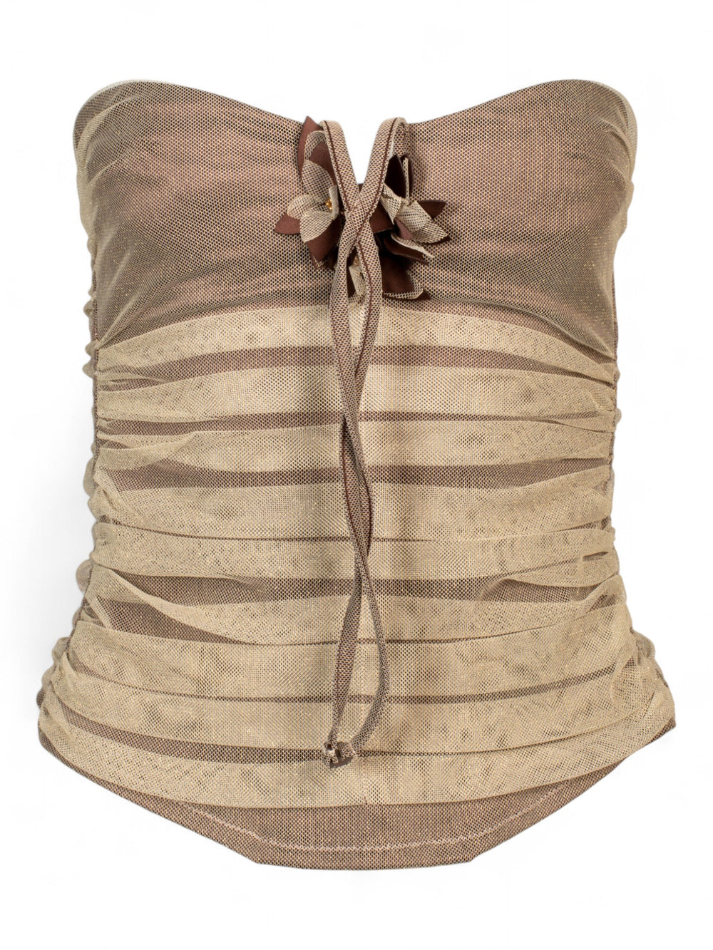 RUCHED BROWN/NUDE MESH CORSET W FLORAL DETAIL