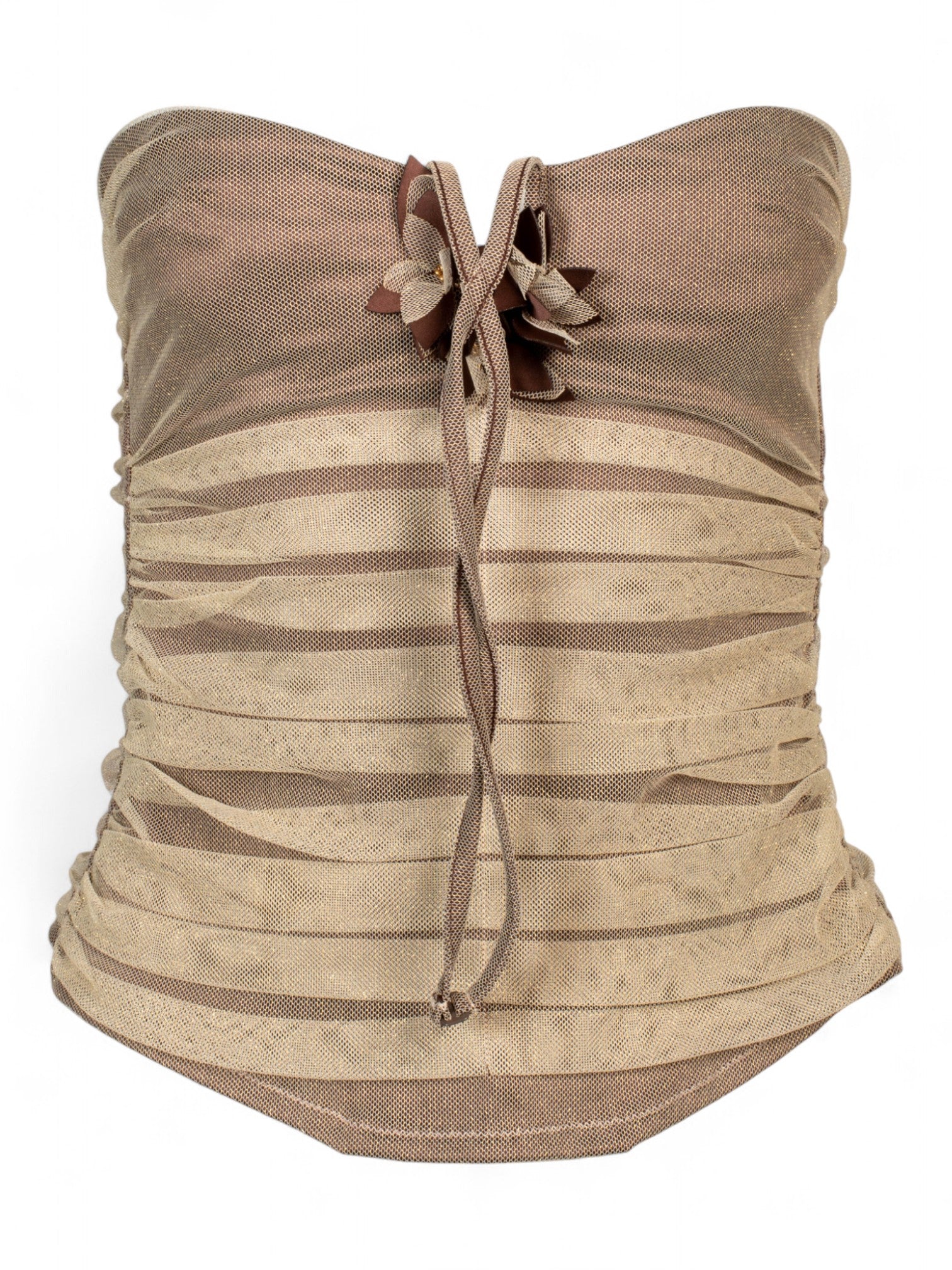 RUCHED BROWN/NUDE MESH CORSET W FLORAL DETAIL