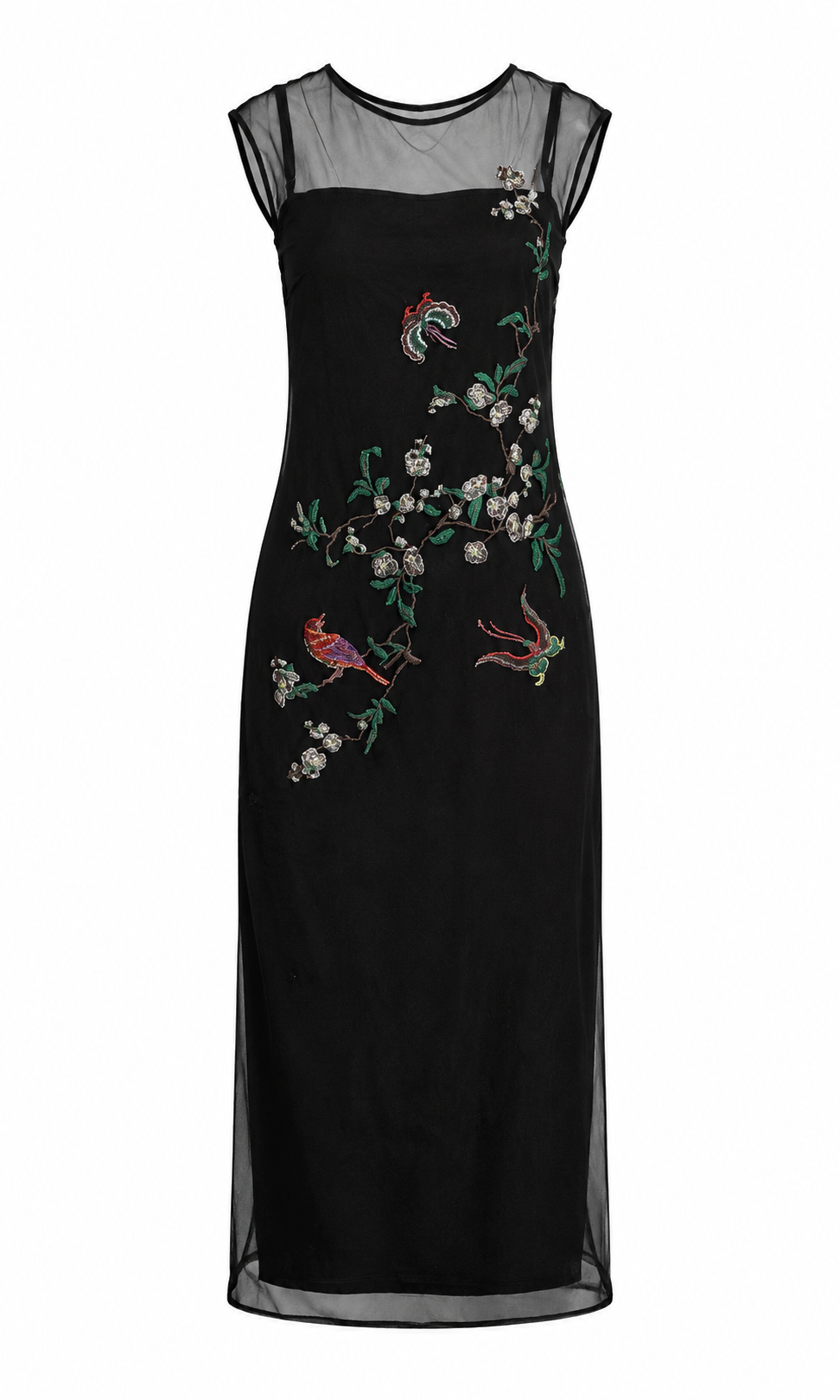 FW98 BLACK EMBROIDERED FLORAL OVERLAY MESH DRESS