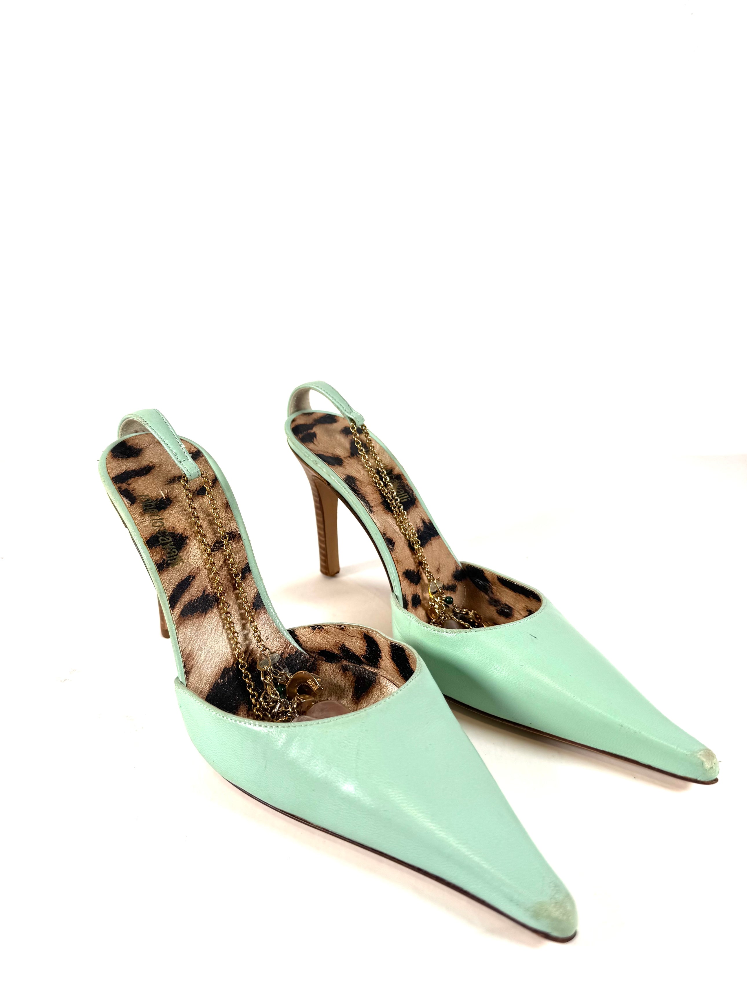 TURQUOISE LEATHER MULES W/ CHARM ANKLE STRAPS