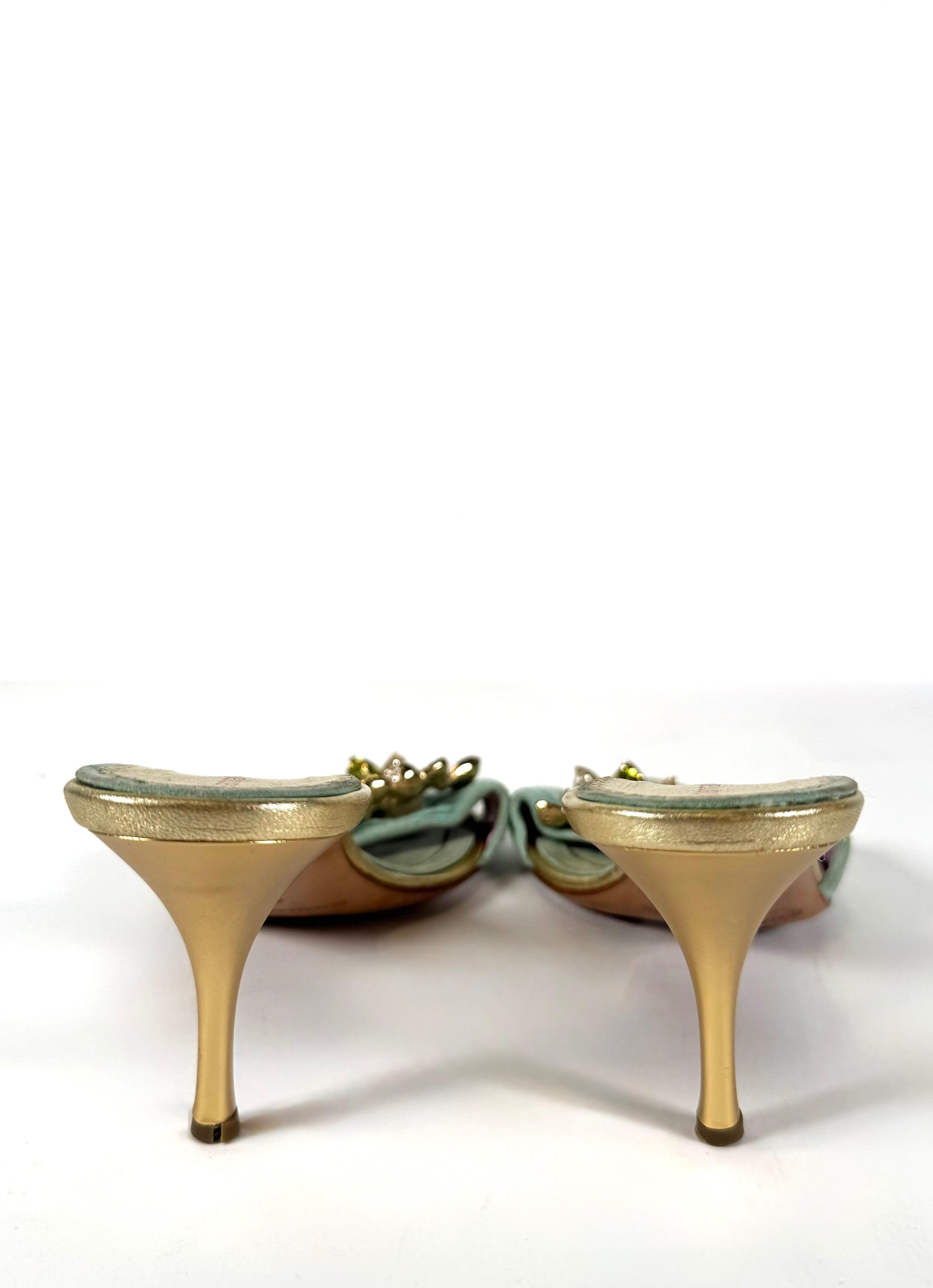 00S TEAL CRYSTAL ENAMEL FLOWER HEELS