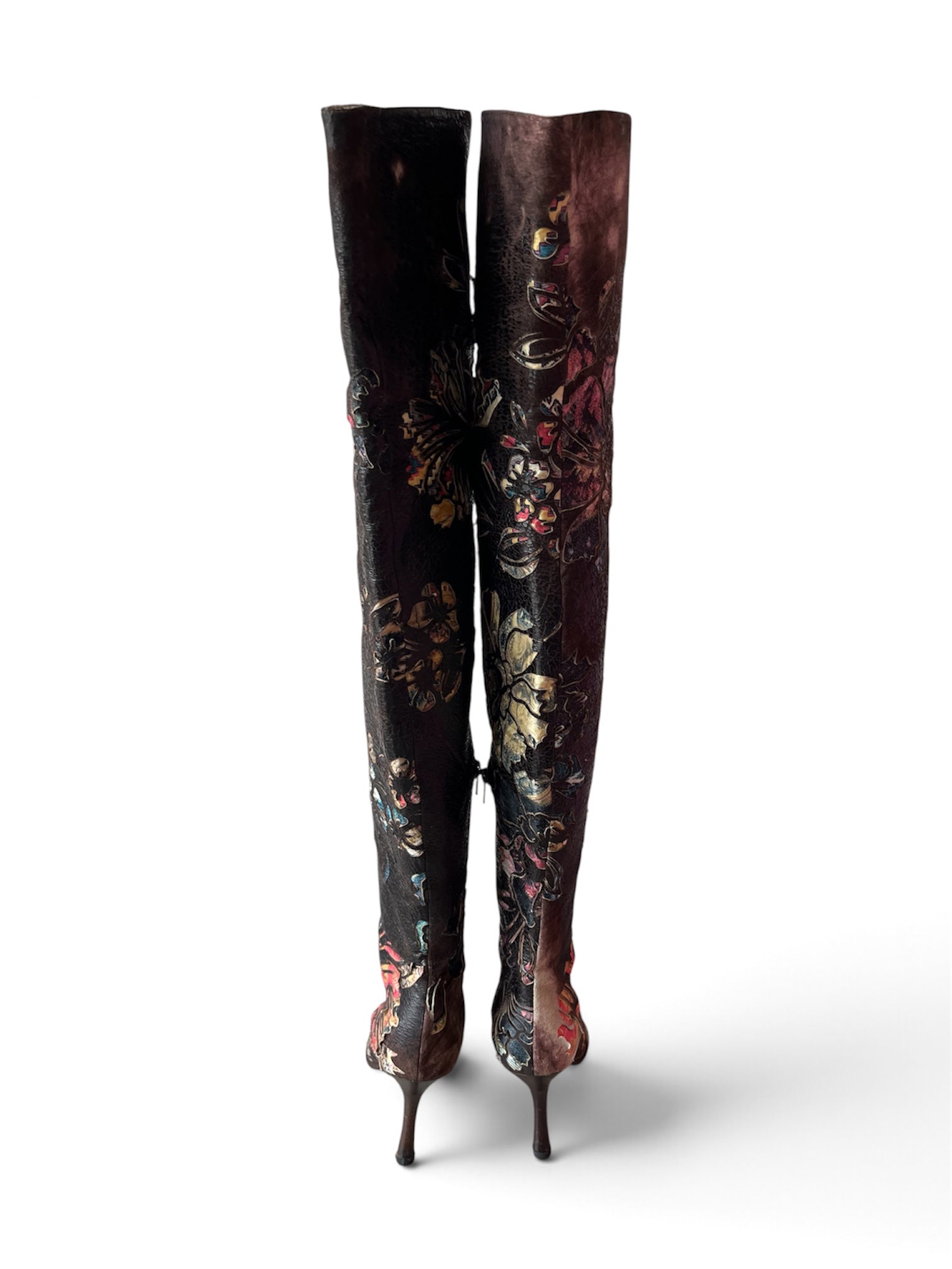 2003 FLORAL BURNOUT LEATHER & SUEDE THIGH HIGH BOOTS