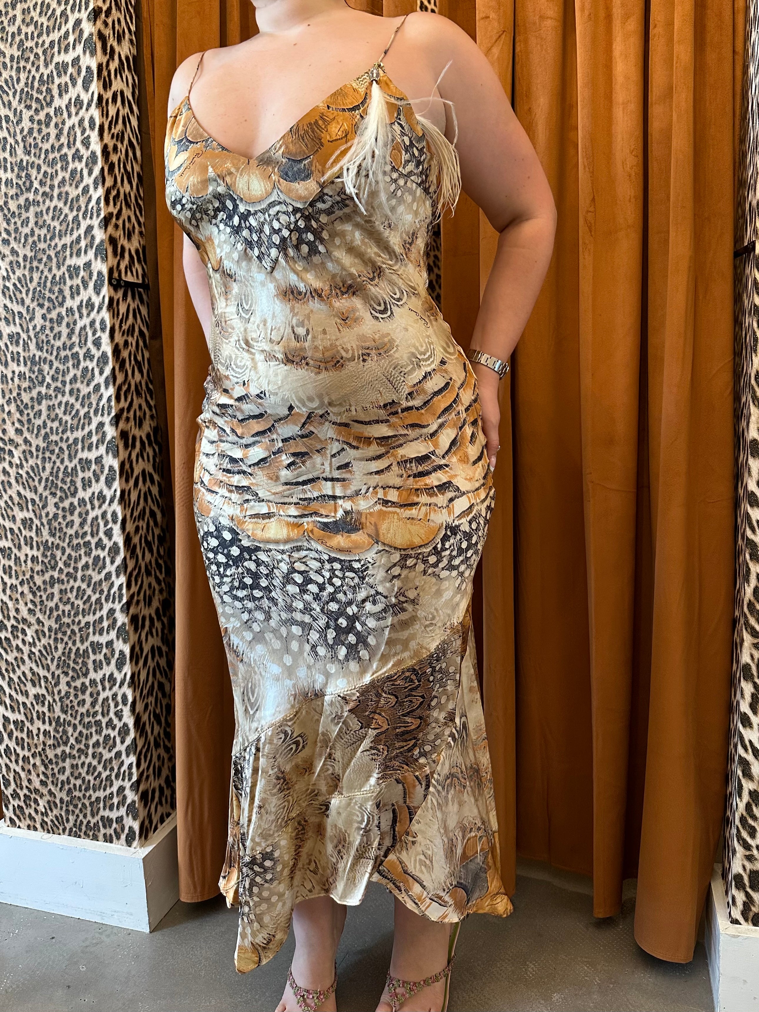 SS04 OSTRICH FEATHER PRINT SILK DRESS