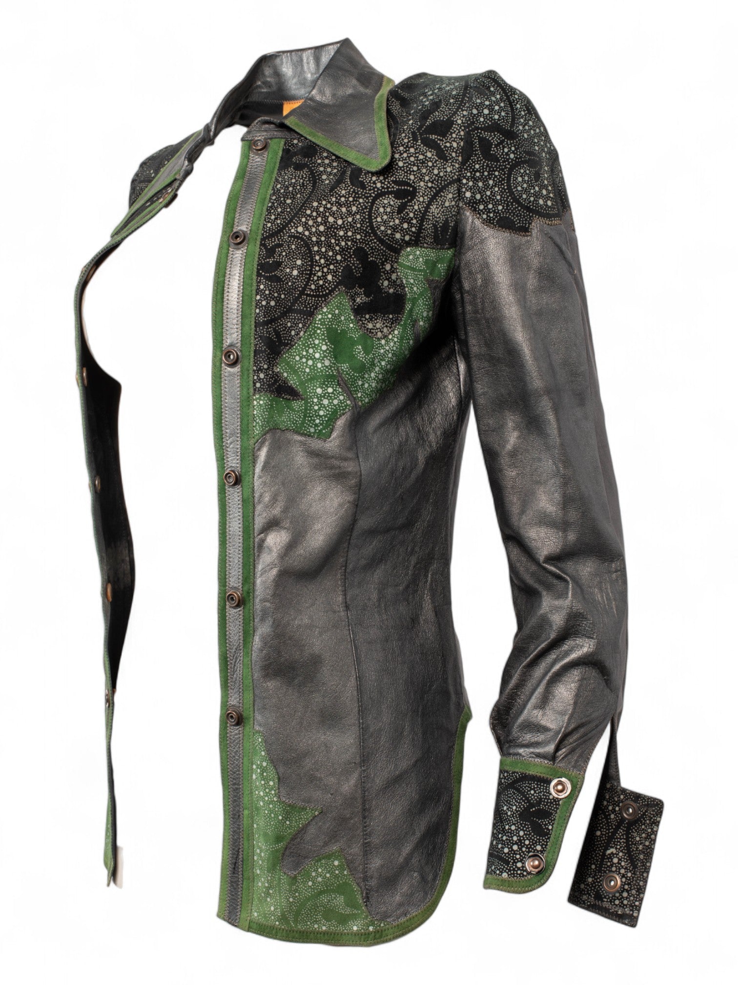 70S GREY/GREEN LEATHER BUTTON DOWN W SUEDE APPLIQUÉ