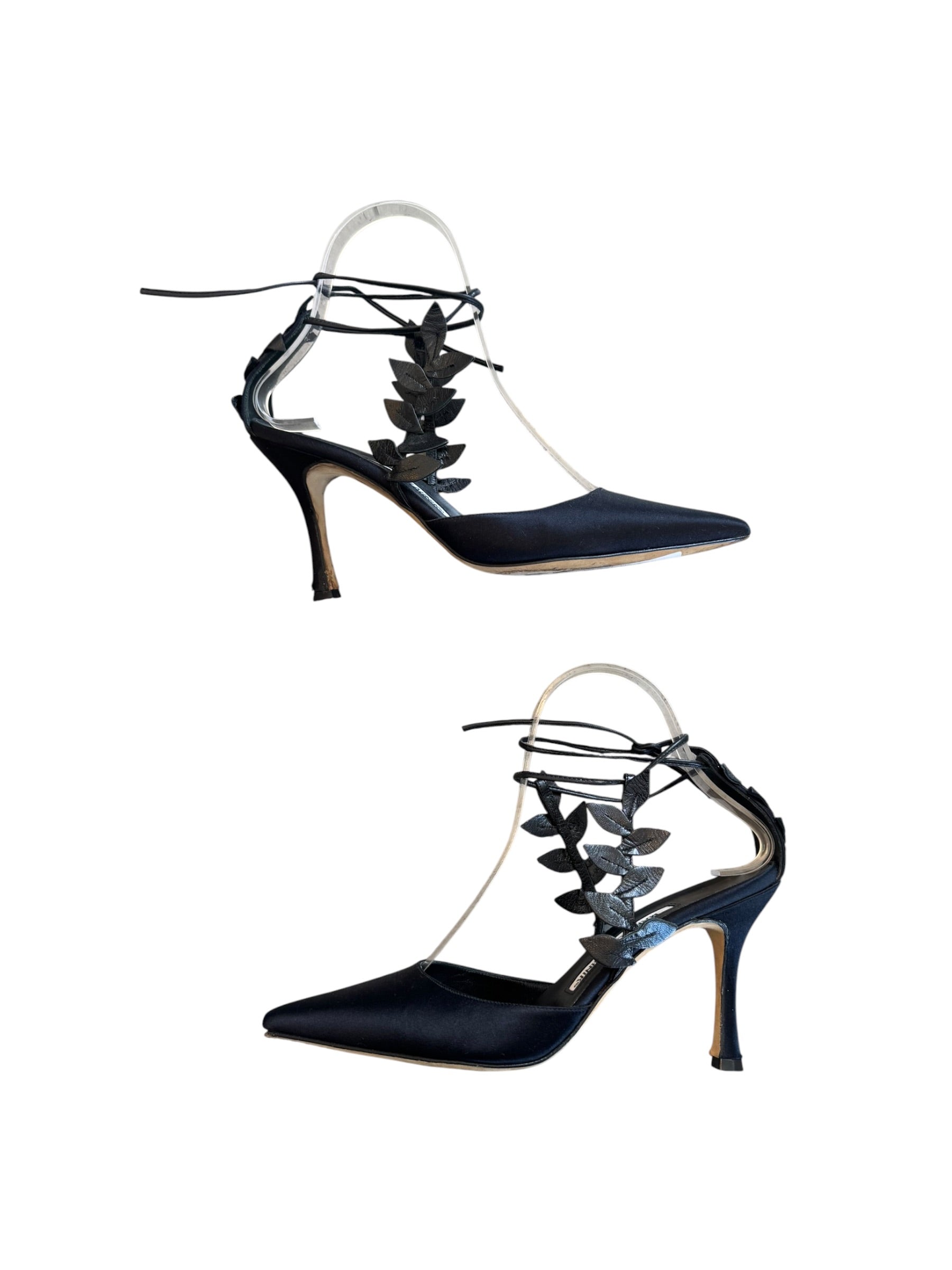BLACK SATIN LEAF WRAP HEELS