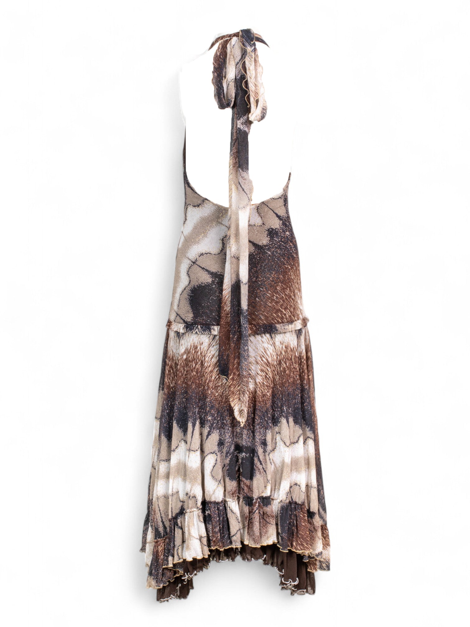 FEATHER PRINT HALTER DRESS W HORN CHARM