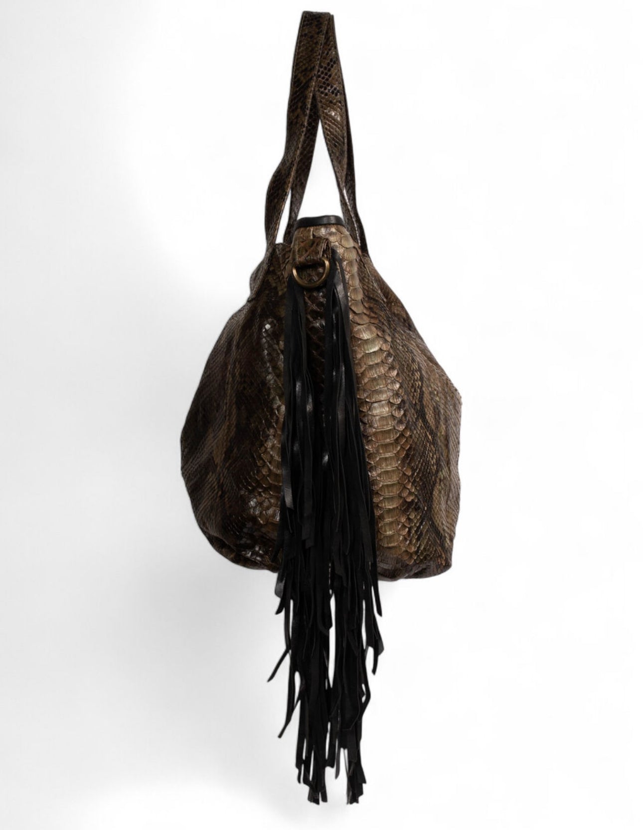 SNAKESKIN AND FRINGE SHOULDER BAG