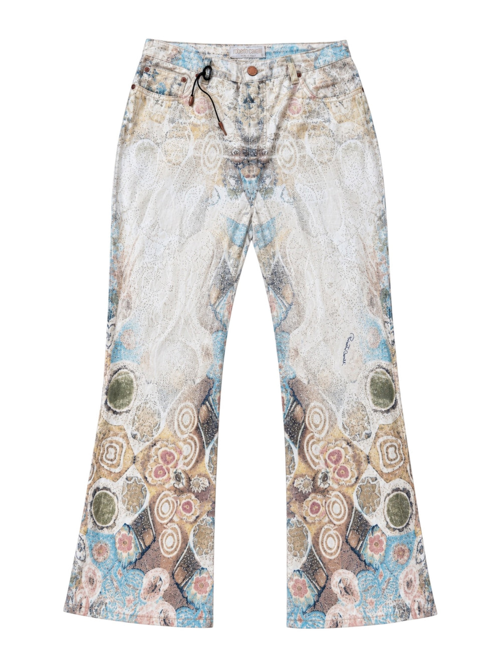 WHITE & MULTICOLOR ABSTRACT GLITTER PRINT JEANS W TASSLE