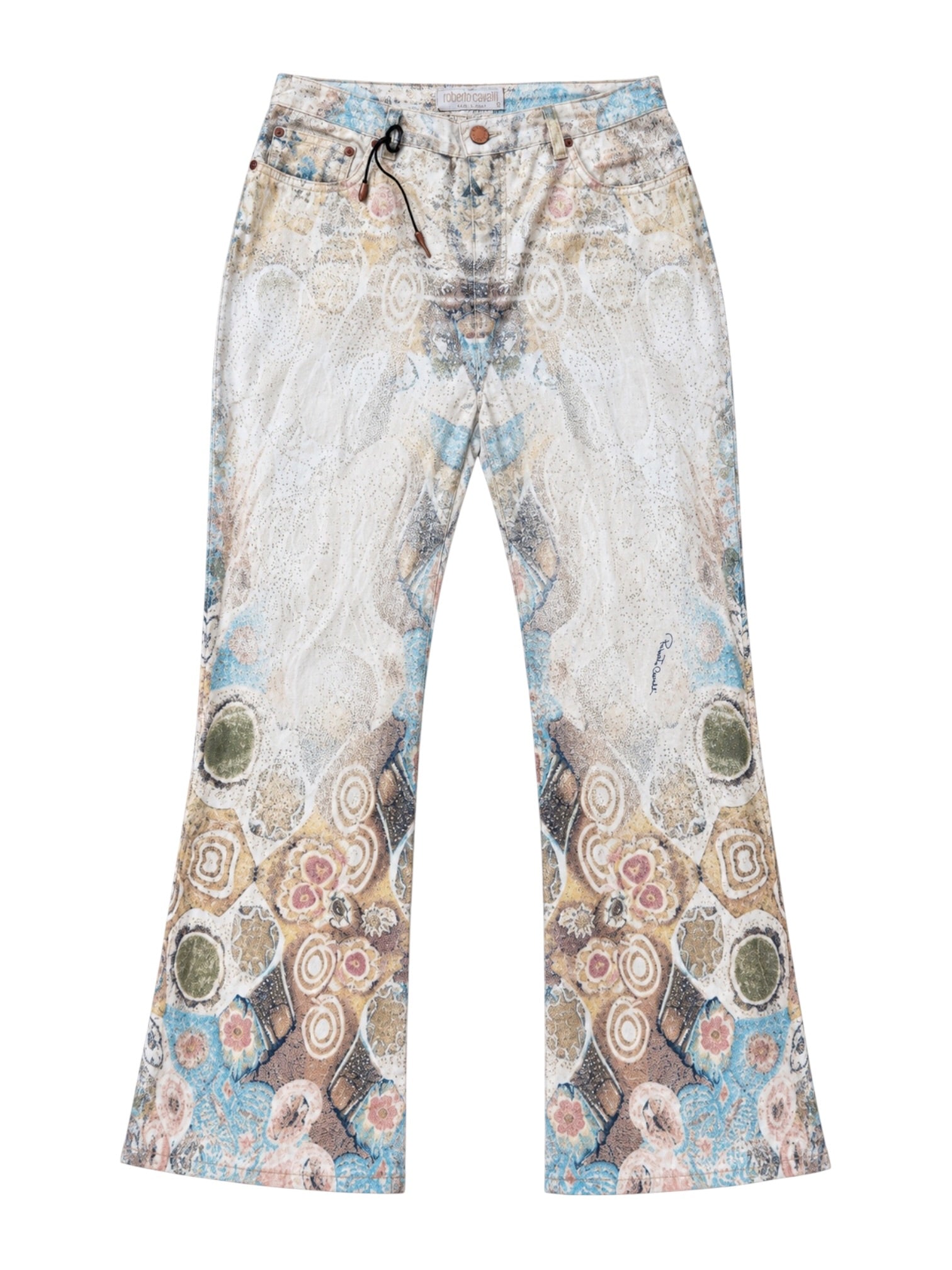 WHITE & MULTICOLOR ABSTRACT GLITTER PRINT JEANS W TASSLE